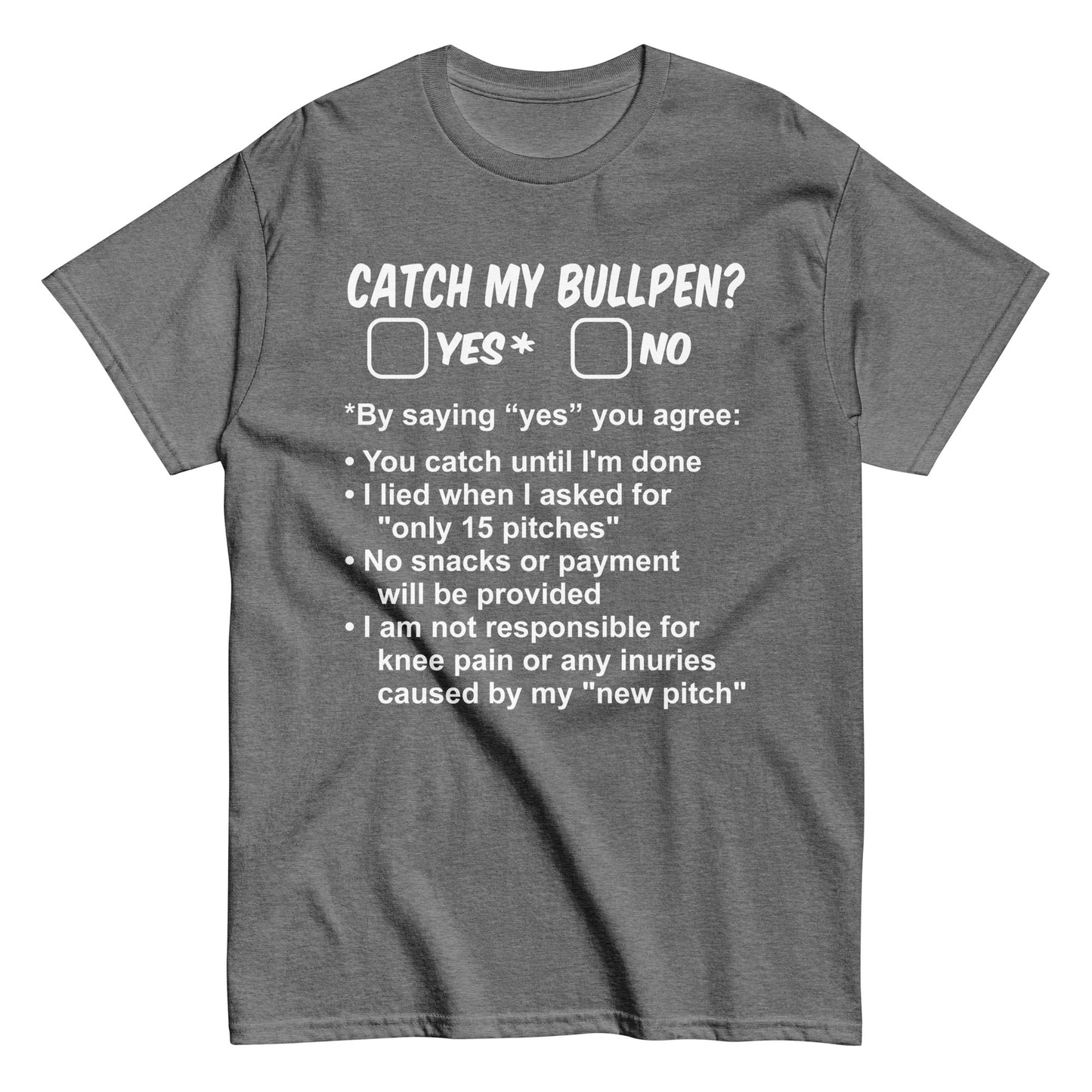 Bullpen sessions are now an "official" contract between pitcher and catcher with this funny baseball shirt in graphite from Web Gem Apparel.