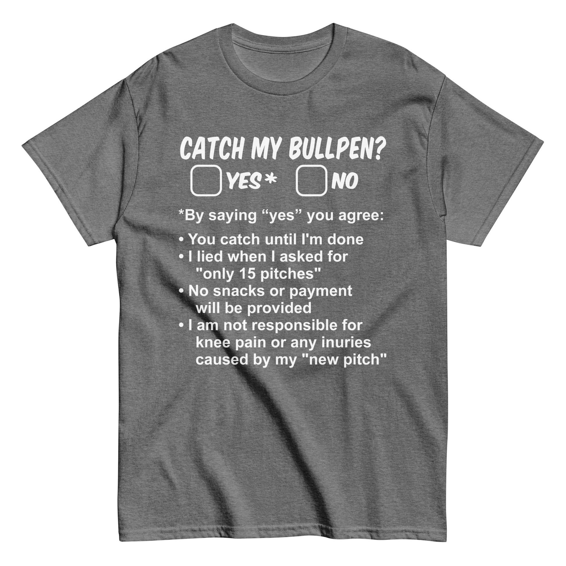 Bullpen sessions are now an "official" contract between pitcher and catcher with this funny baseball shirt in graphite from Web Gem Apparel.