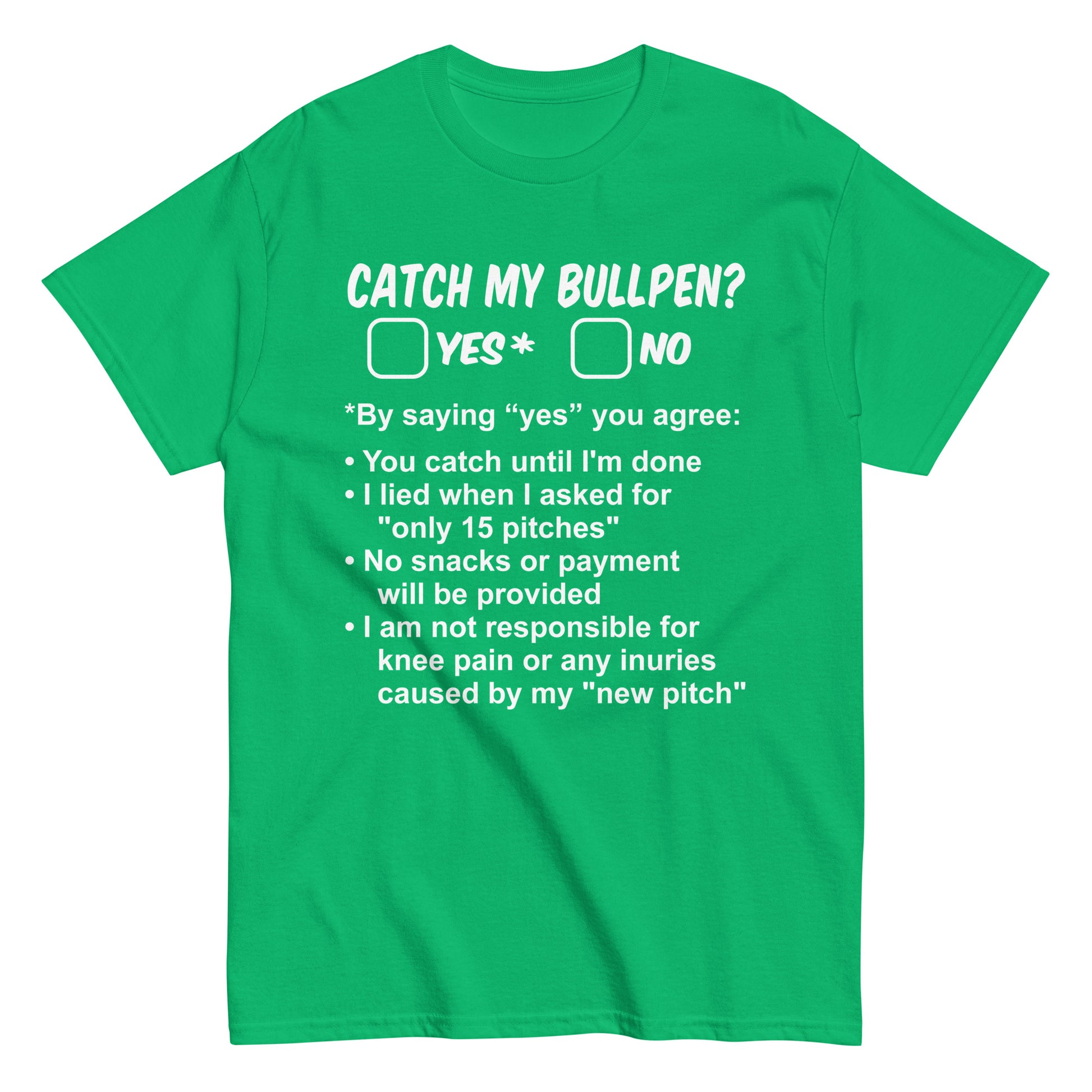 Bullpen sessions are now an "official" contract between pitcher and catcher with this funny baseball shirt in green from Web Gem Apparel.
