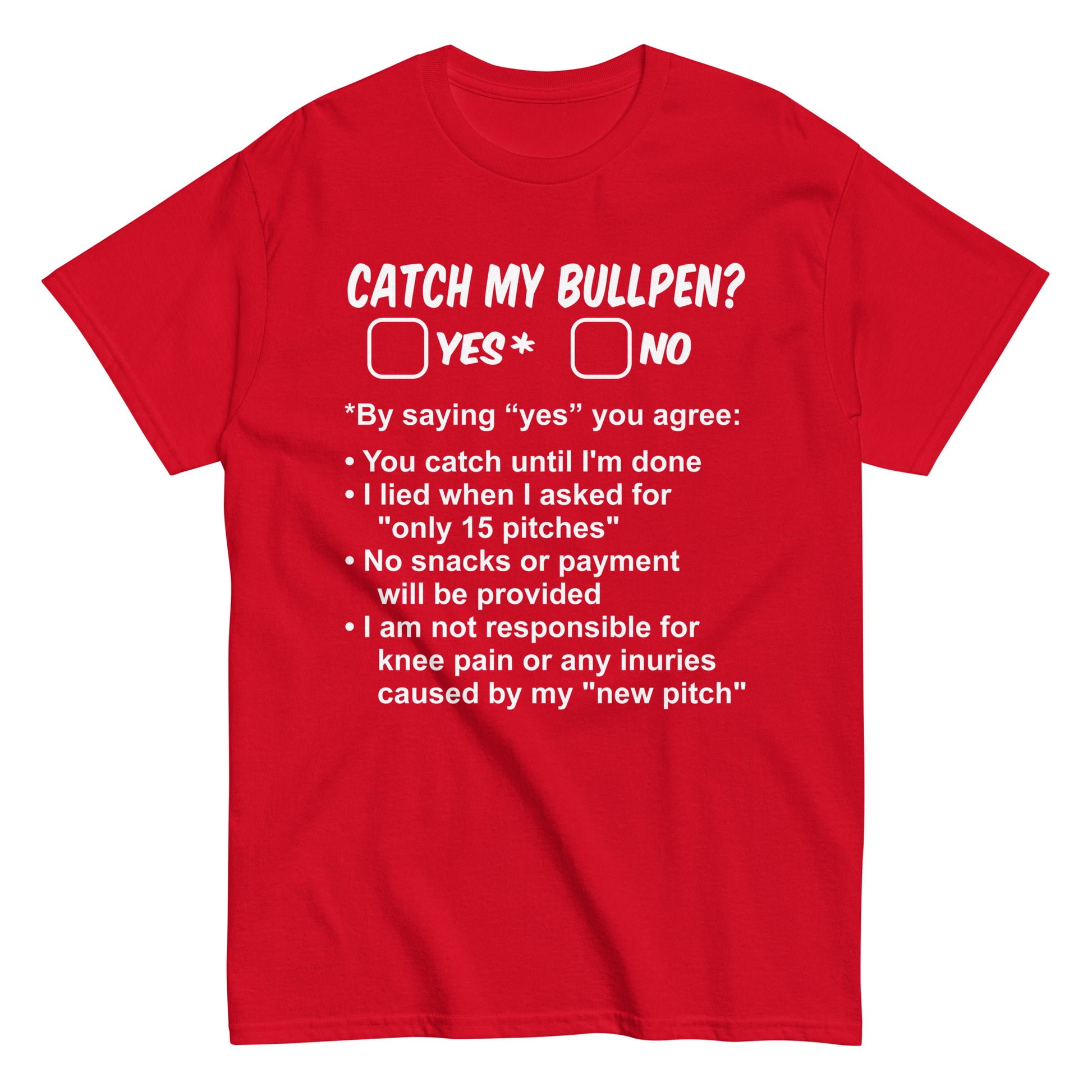 Bullpen sessions are now an "official" contract between pitcher and catcher with this funny baseball shirt in red from Web Gem Apparel.