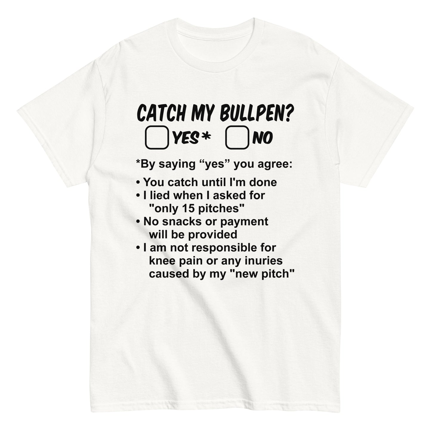 Bullpen sessions are now an "official" contract between pitcher and catcher with this funny baseball shirt in white from Web Gem Apparel.