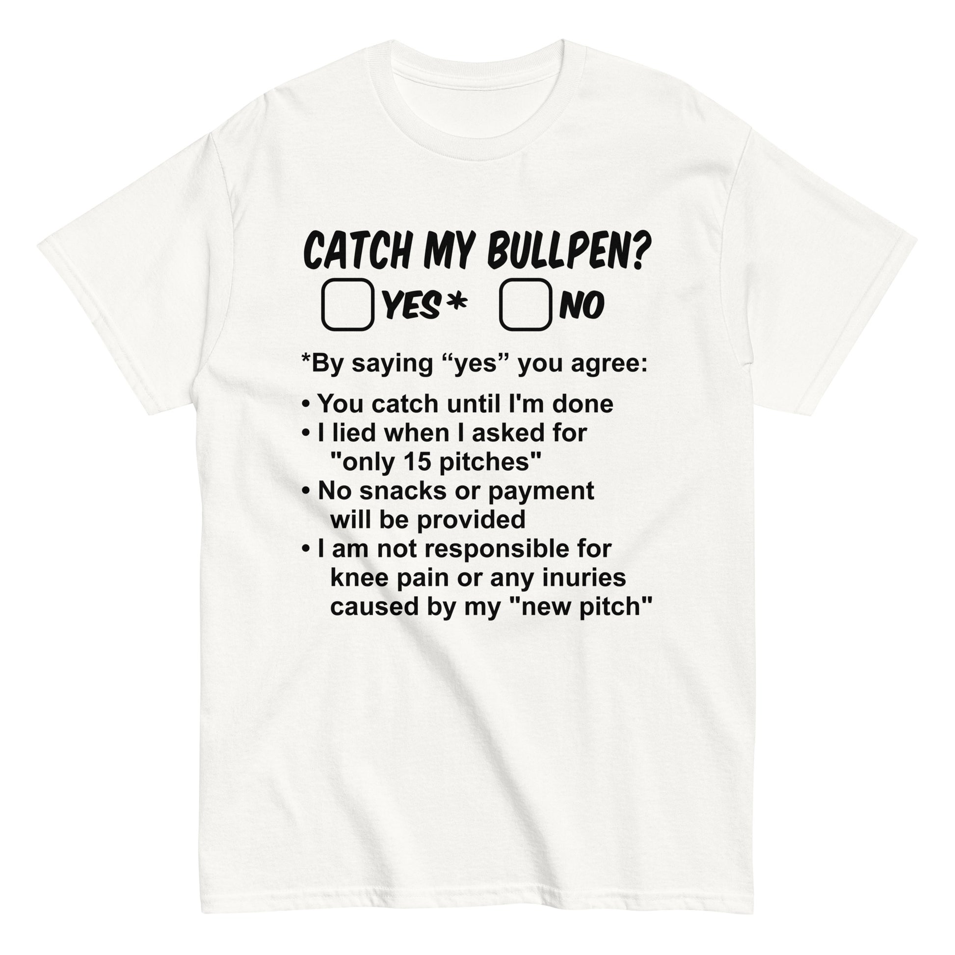 Bullpen sessions are now an "official" contract between pitcher and catcher with this funny baseball shirt in white from Web Gem Apparel.