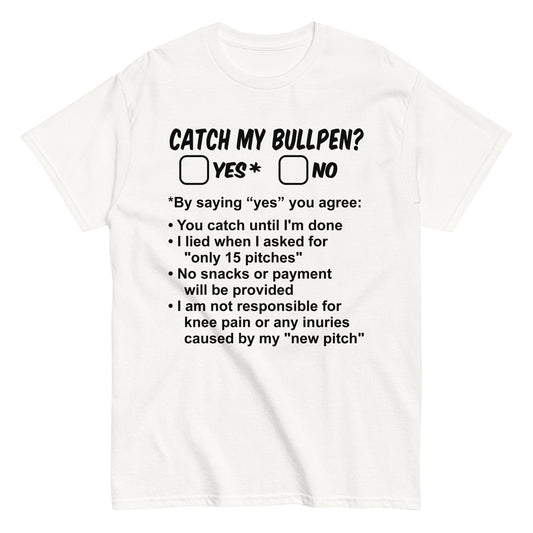 Bullpen sessions are now an "official" contract between pitcher and catcher with this funny baseball shirt in white from Web Gem Apparel.