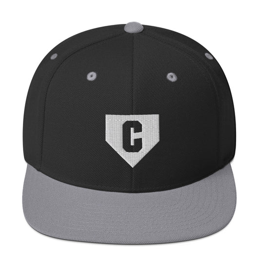 Black and silver Catcher Home Plate Baseball Hat - a high-profile hat with a white home plate "C" logo and flat-brim for kids, teens, and adult players.