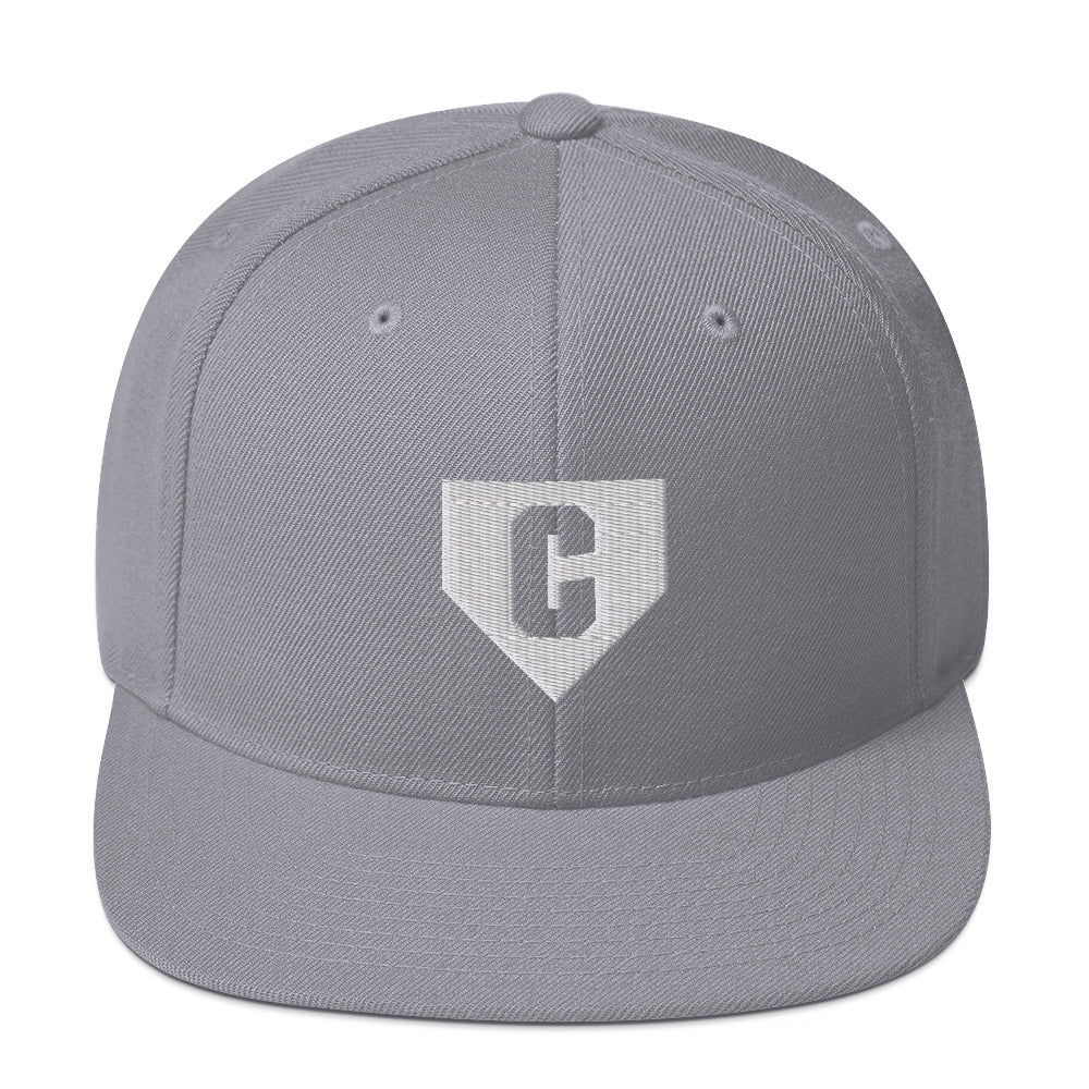 Silver Catcher Home Plate Baseball Hat - a high-profile hat with a white home plate "C" logo and flat-brim for kids, teens, and adult players.