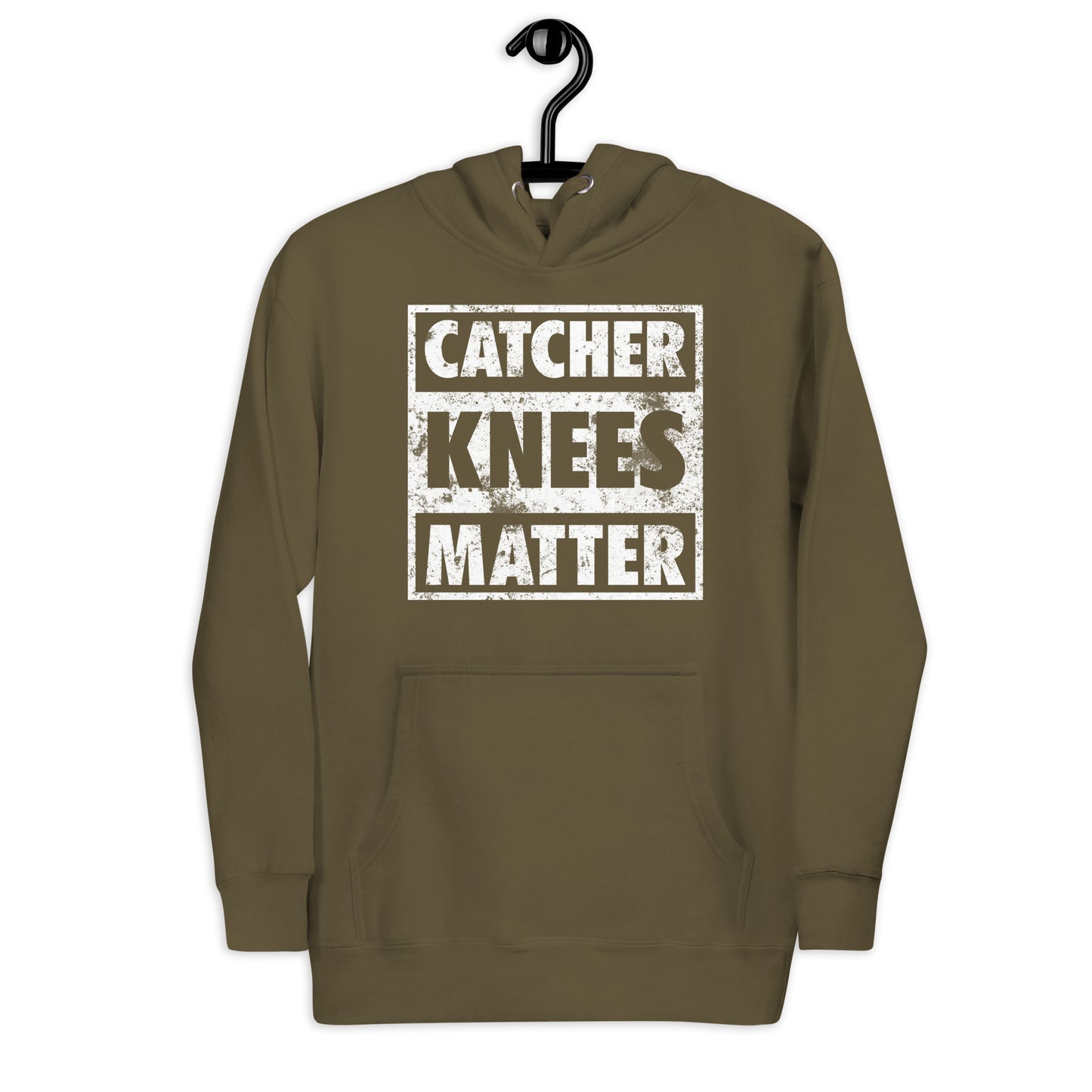 A front view of the army green Catcher Knees Matter baseball graphic pullover hoodie.
