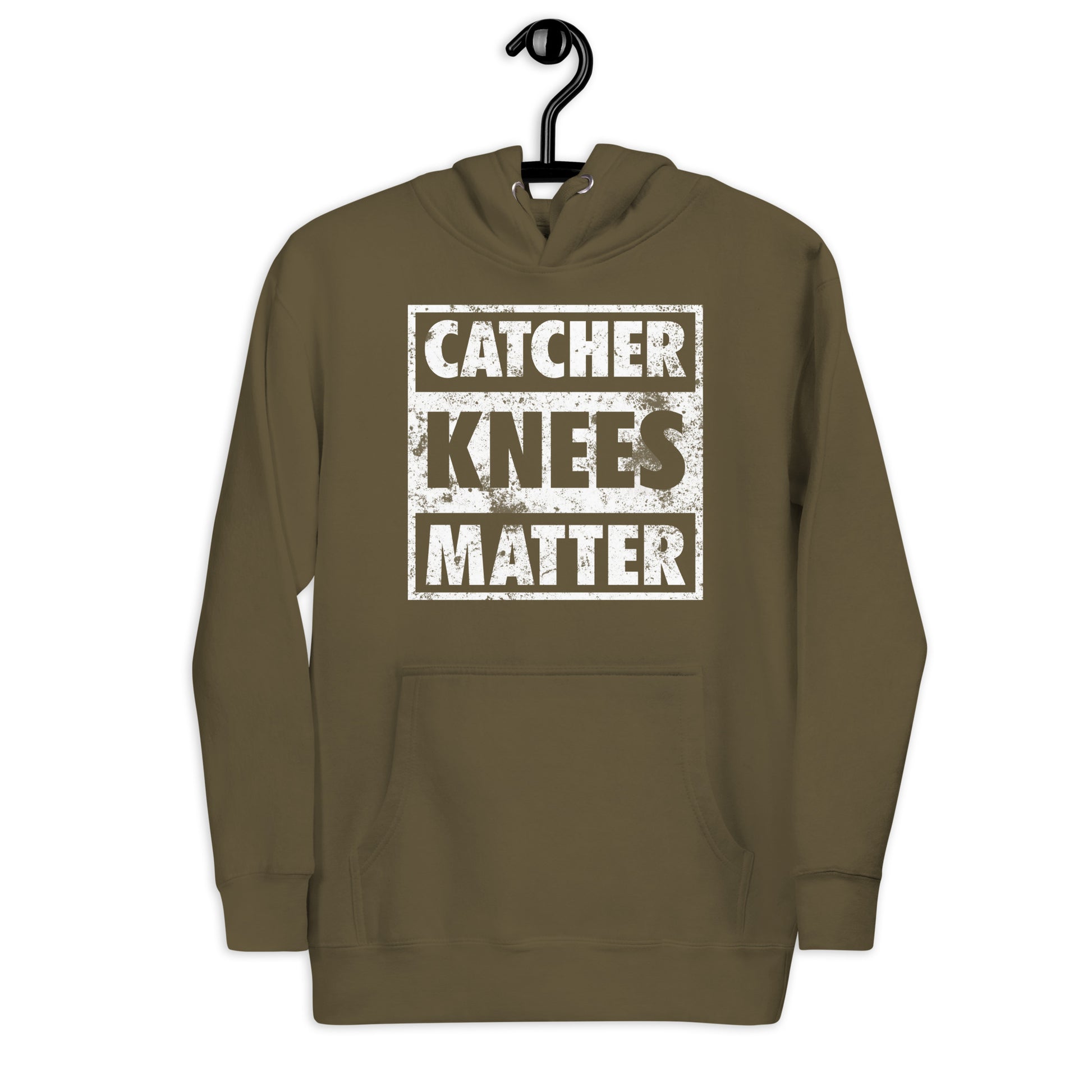 A front view of the army green Catcher Knees Matter baseball graphic pullover hoodie.