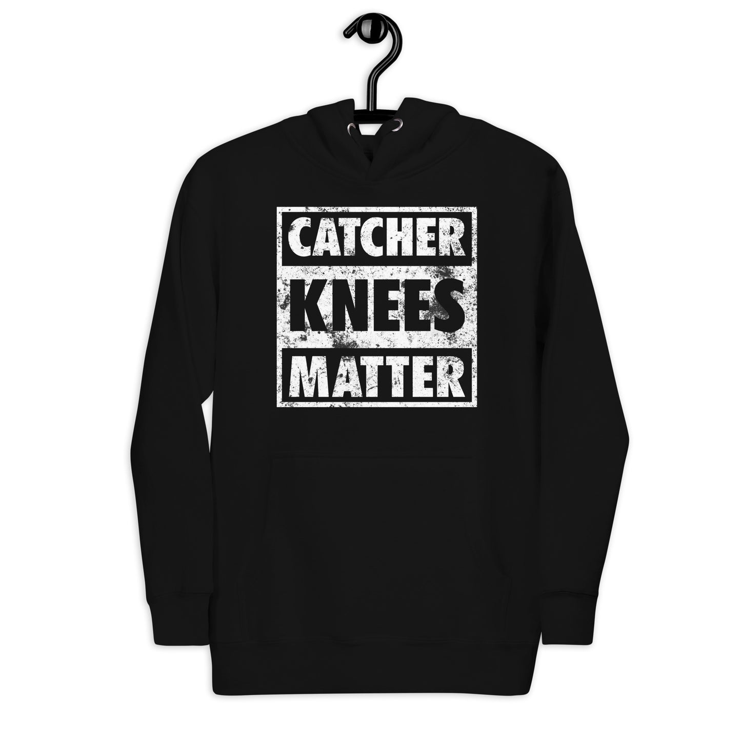 A front view of the black Catcher Knees Matter baseball graphic pullover hoodie.