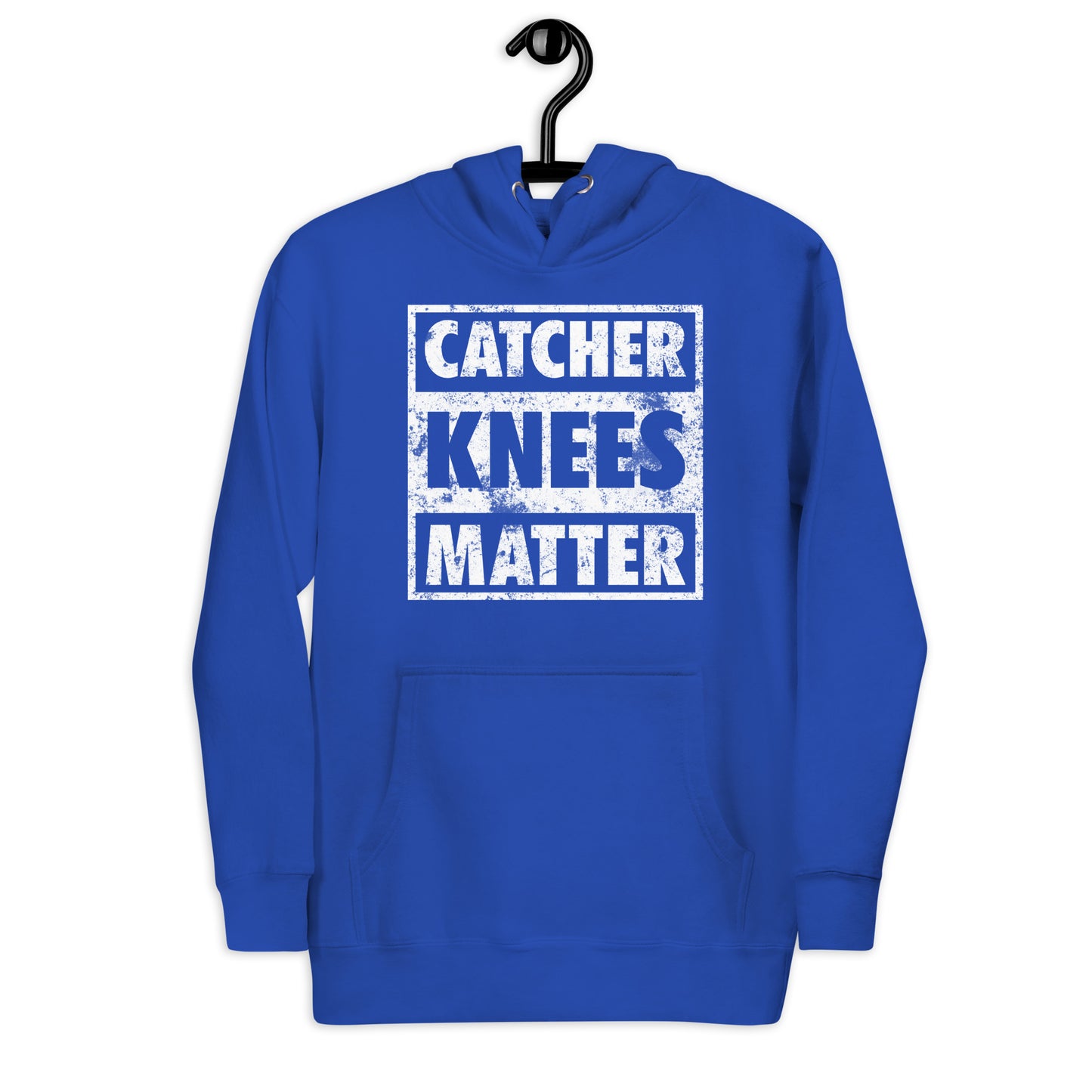 A front view of the blue Catcher Knees Matter baseball graphic pullover hoodie.