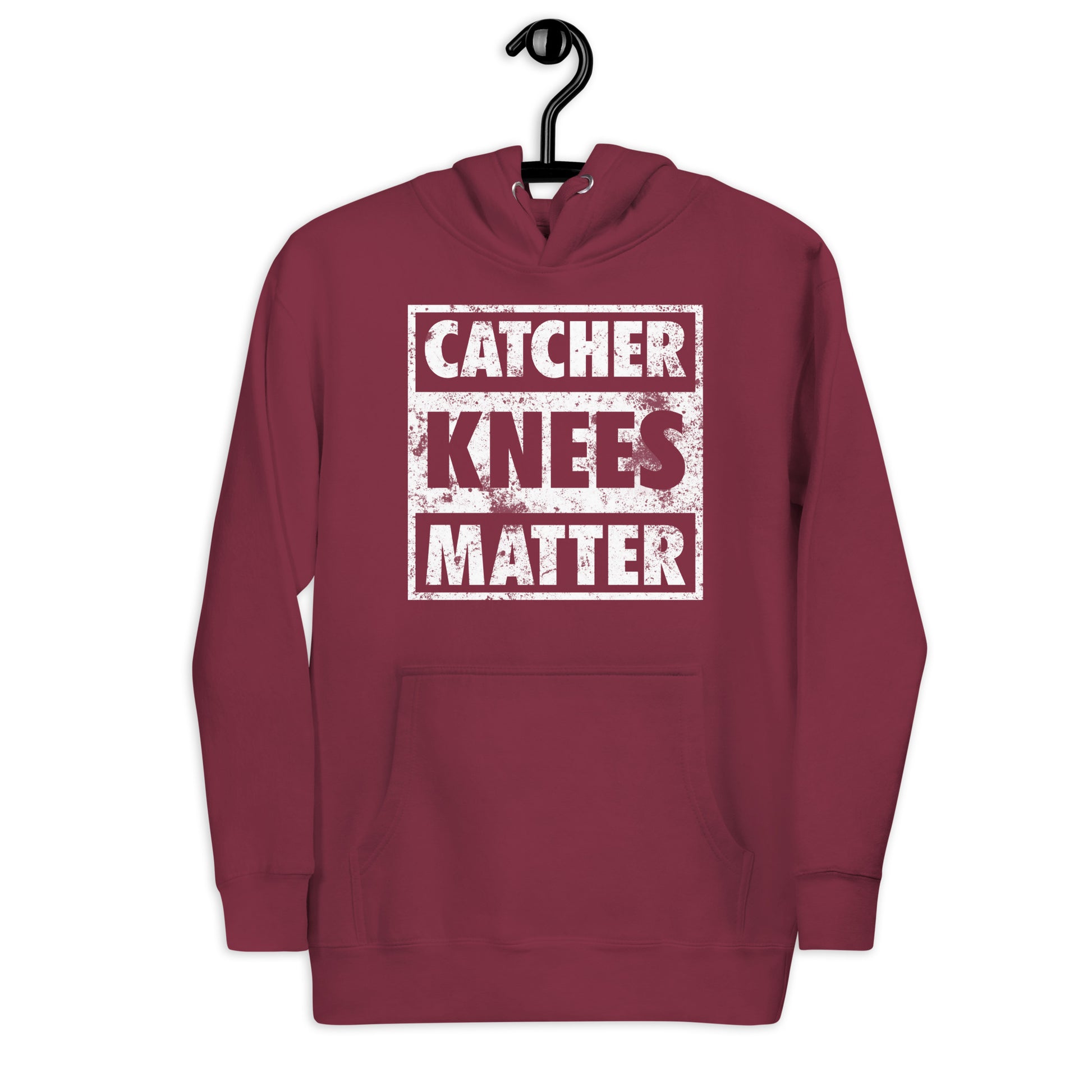 A front view of the maroon Catcher Knees Matter baseball graphic pullover hoodie.