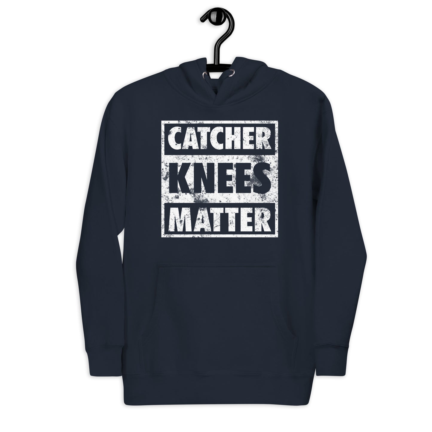 A front view of the navy Catcher Knees Matter baseball graphic pullover hoodie.