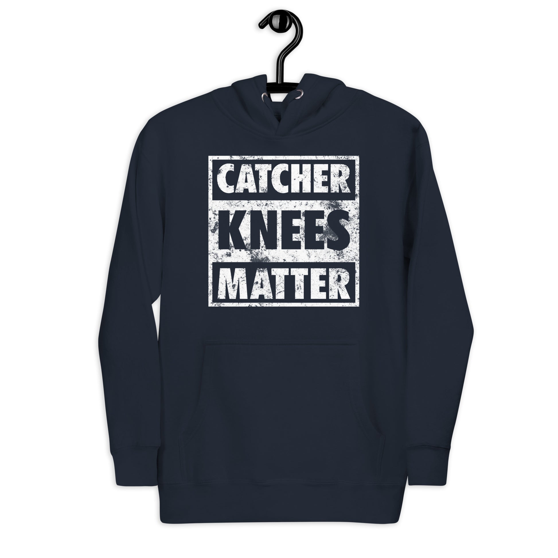 A front view of the navy Catcher Knees Matter baseball graphic pullover hoodie.