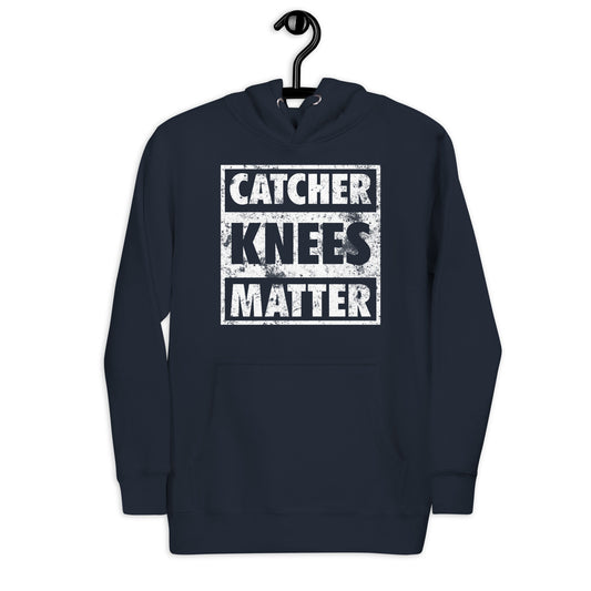 A front view of the navy Catcher Knees Matter baseball graphic pullover hoodie.