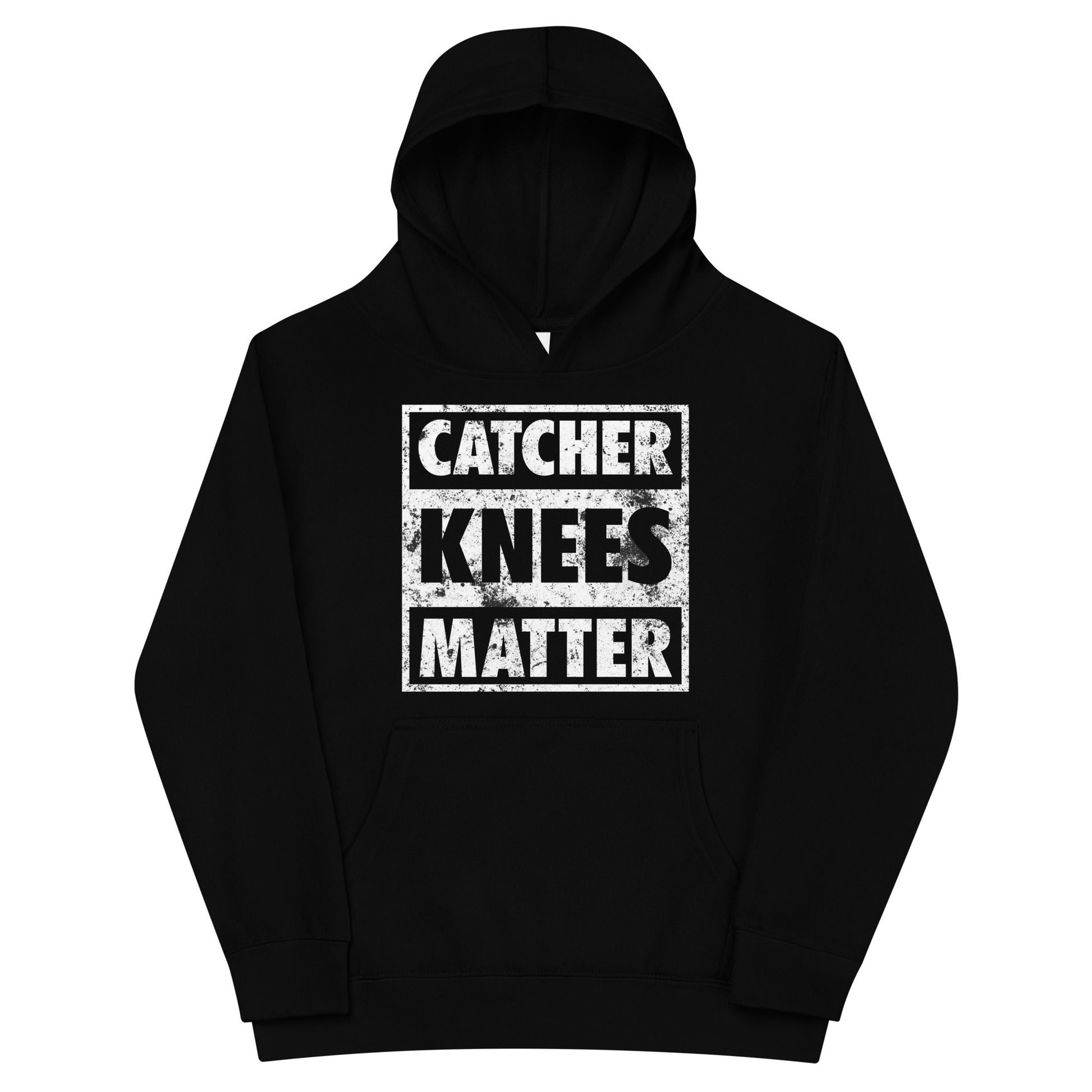 A front view of the black Catcher Knees Matter baseball graphic pullover kids' hoodie.