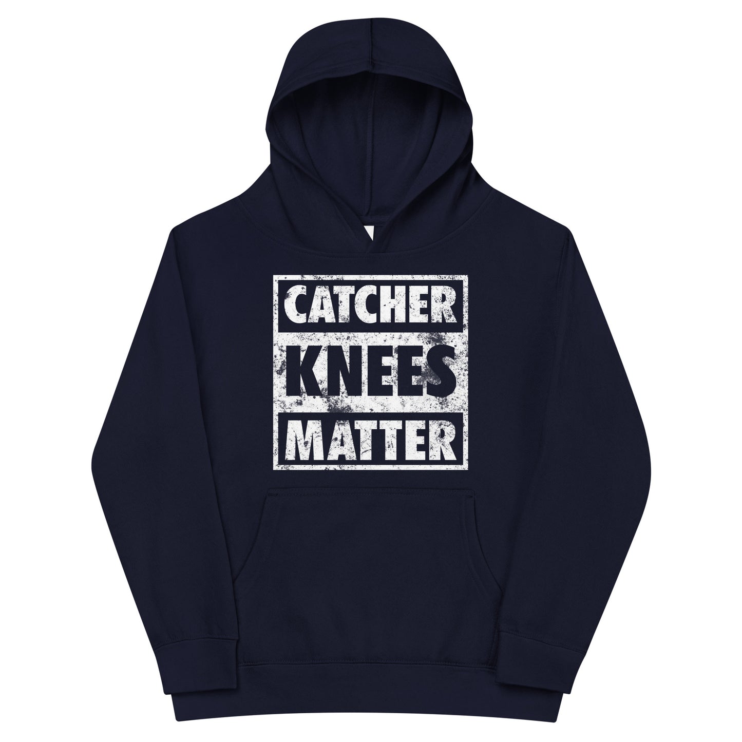A front view of the navy Catcher Knees Matter baseball graphic pullover kids' hoodie.