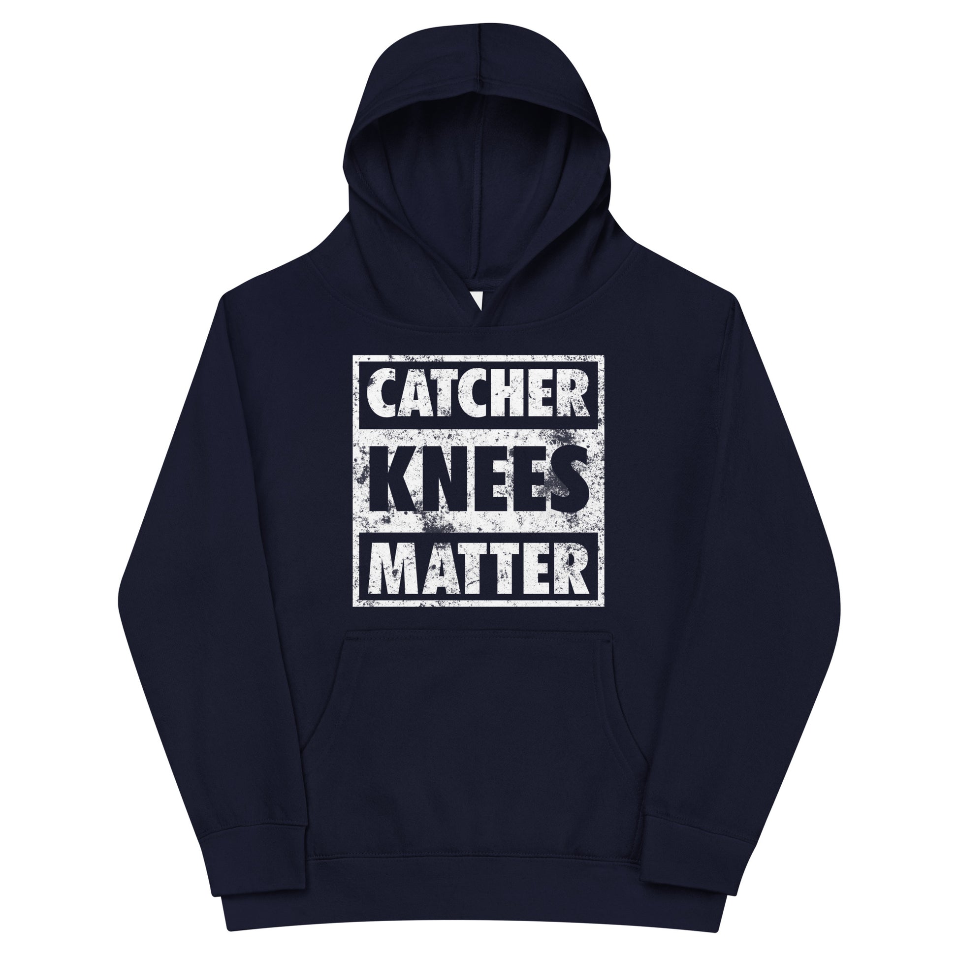 A front view of the navy Catcher Knees Matter baseball graphic pullover kids' hoodie.