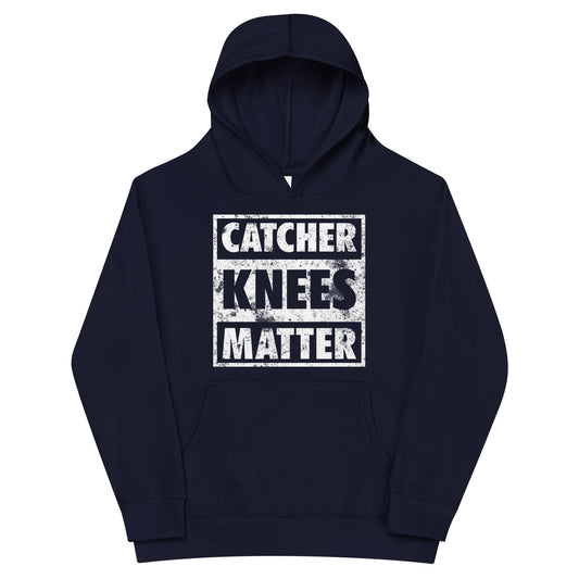A front view of the navy Catcher Knees Matter baseball graphic pullover kids' hoodie.