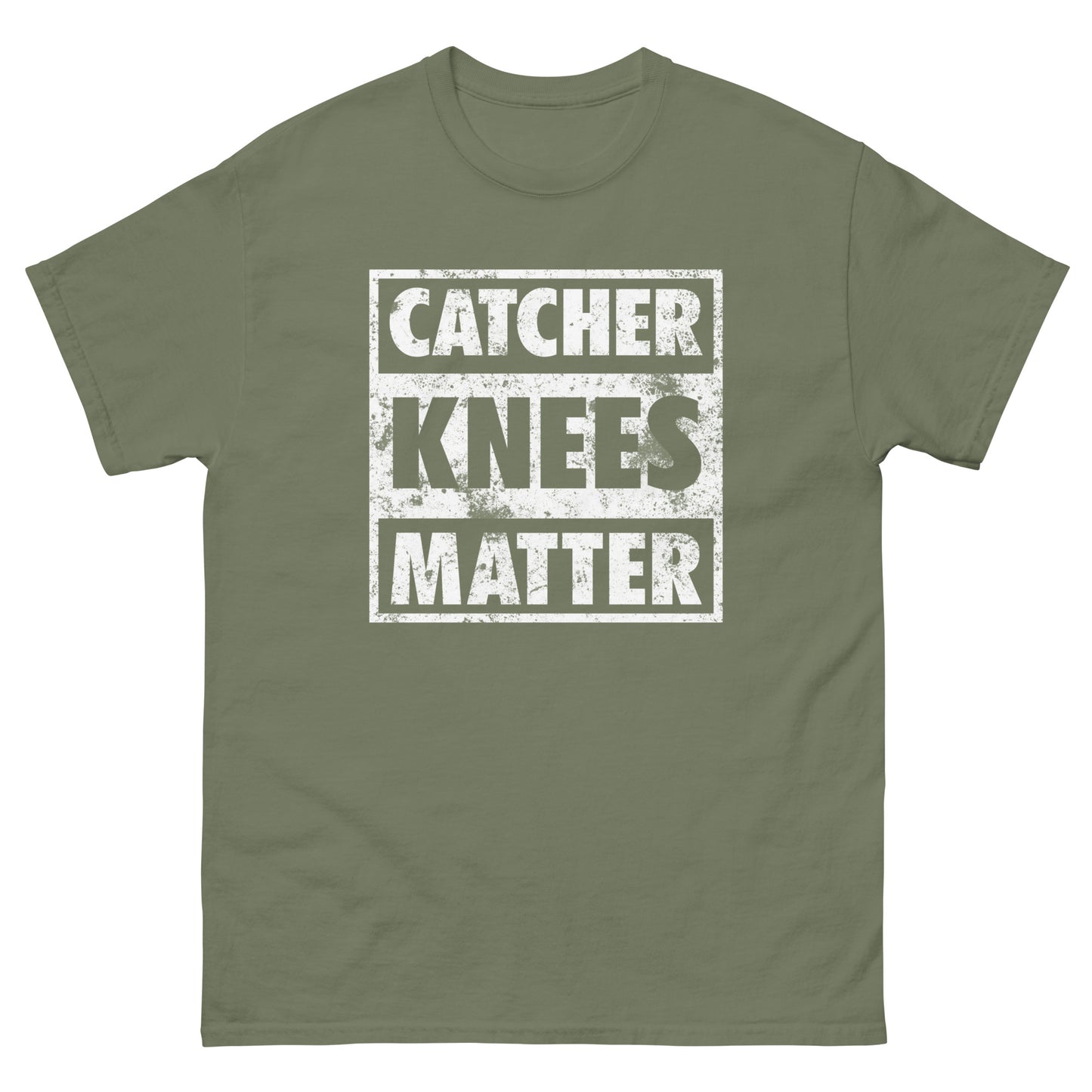 A front view of the army green Catcher Knees Matter baseball graphic t shirt.