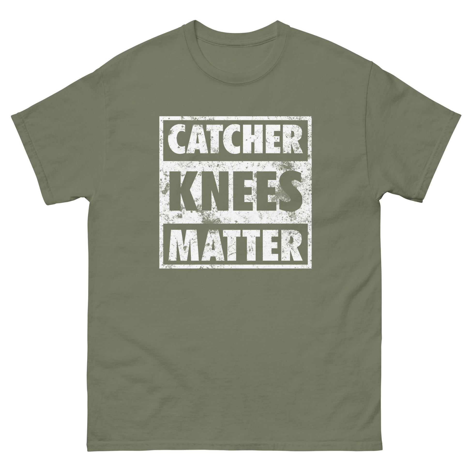 A front view of the army green Catcher Knees Matter baseball graphic t shirt.