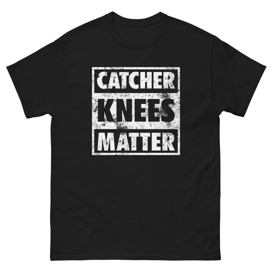 A front view of the black Catcher Knees Matter baseball graphic t shirt.