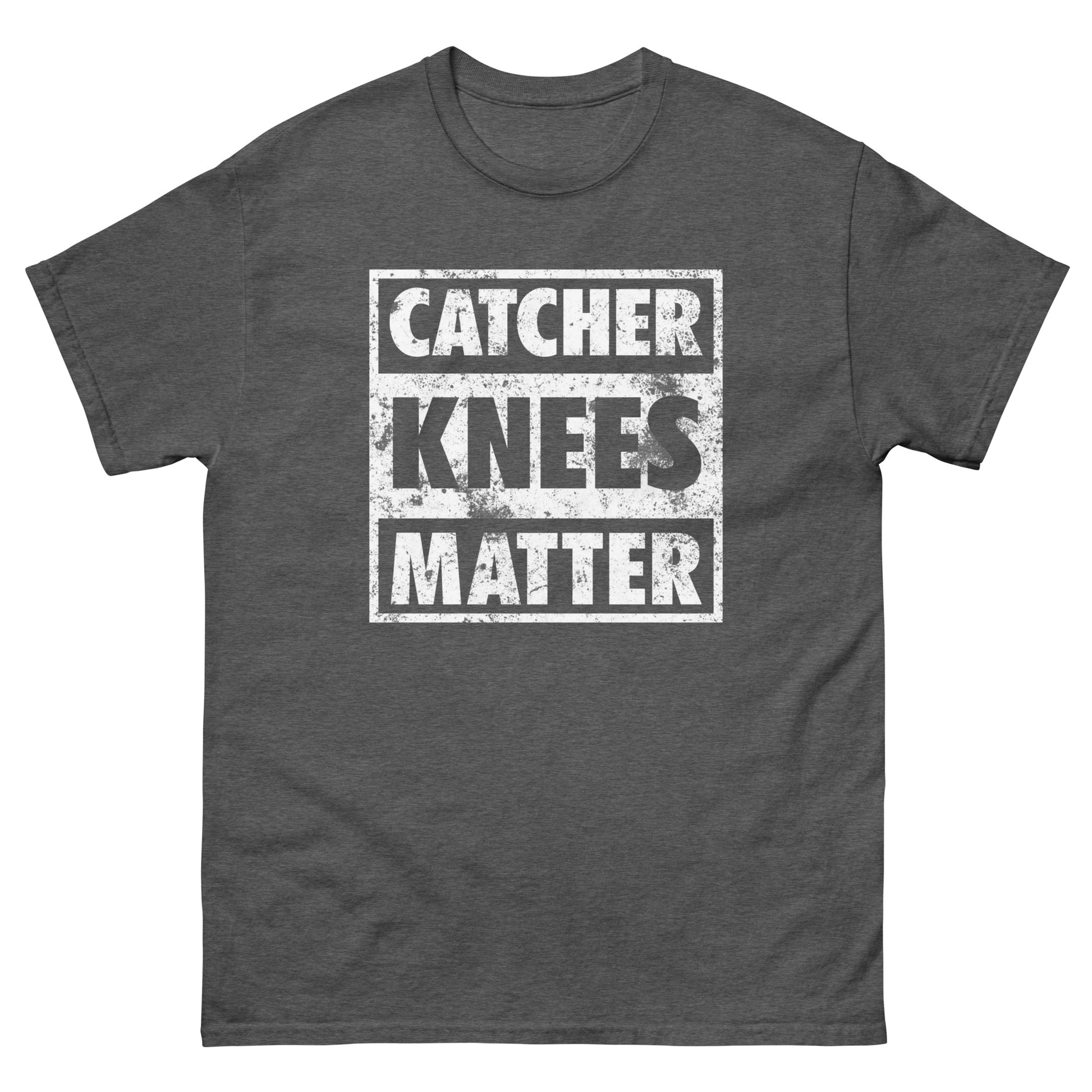 A front view of the gray Catcher Knees Matter baseball graphic t shirt.