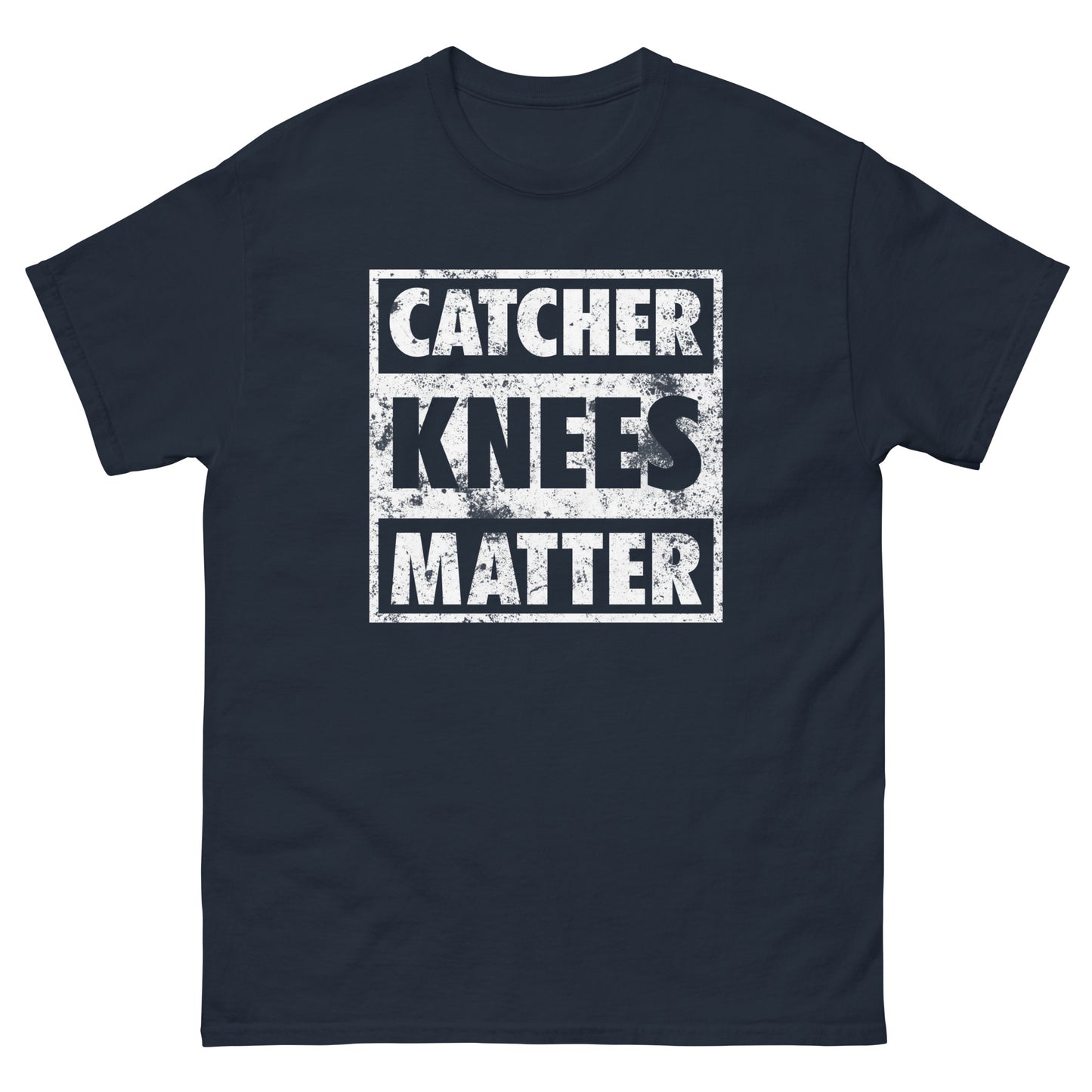 A front view of the navy Catcher Knees Matter baseball graphic t shirt.