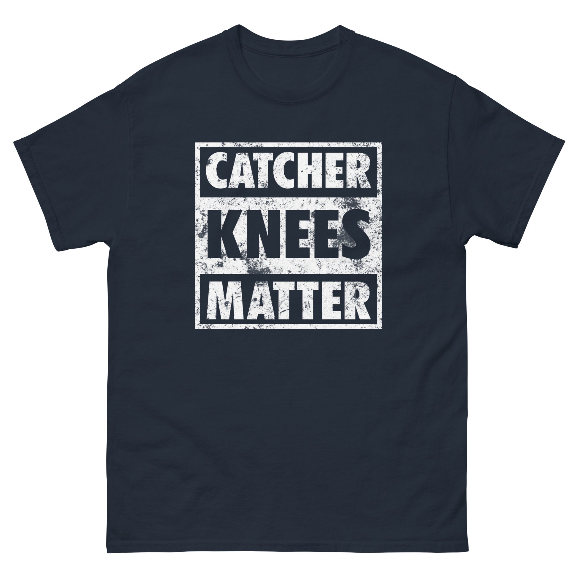 A front view of the navy Catcher Knees Matter baseball graphic t shirt.