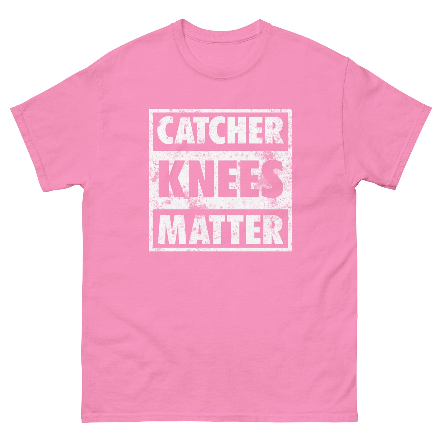 A front view of the pink Catcher Knees Matter baseball graphic t shirt.