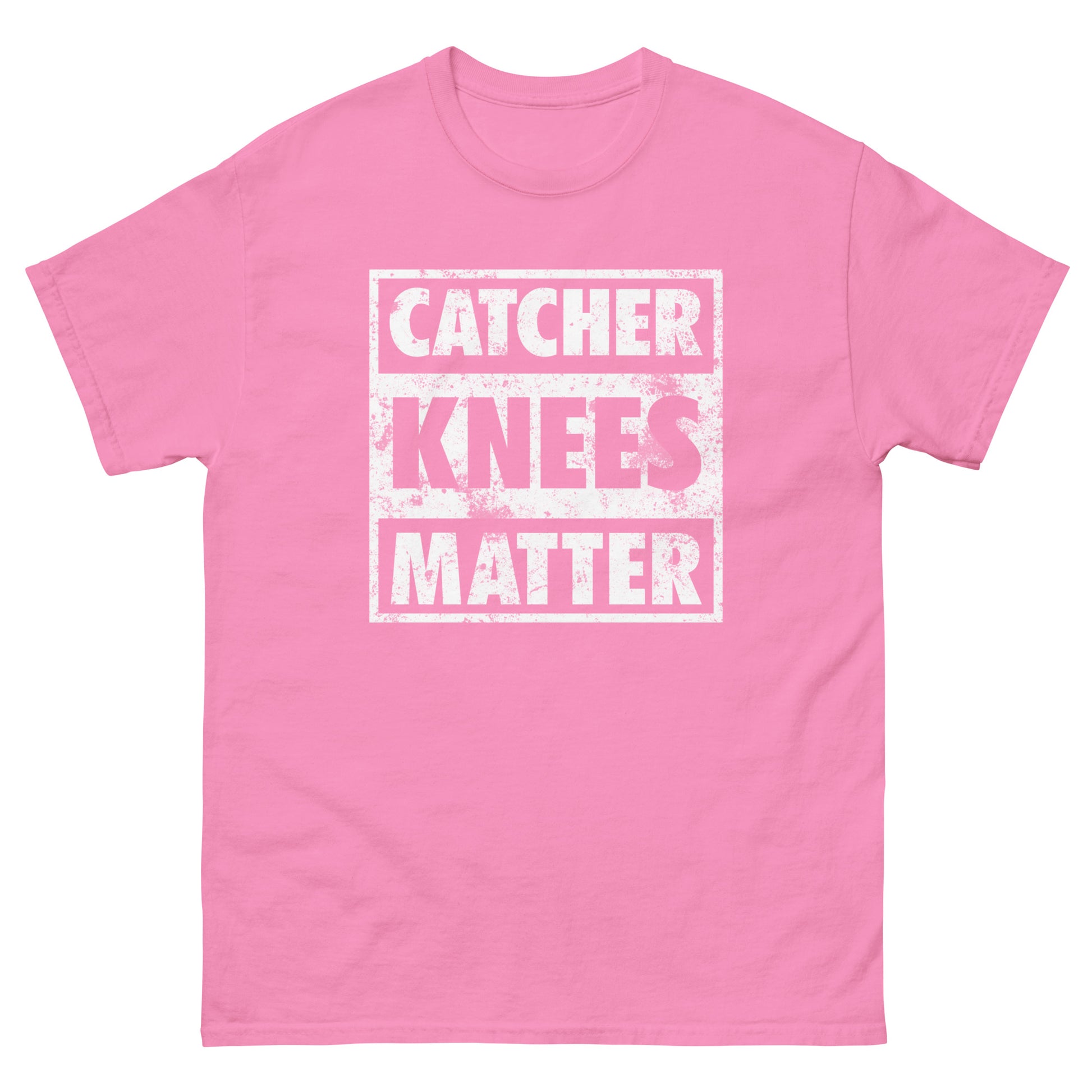 A front view of the pink Catcher Knees Matter baseball graphic t shirt.