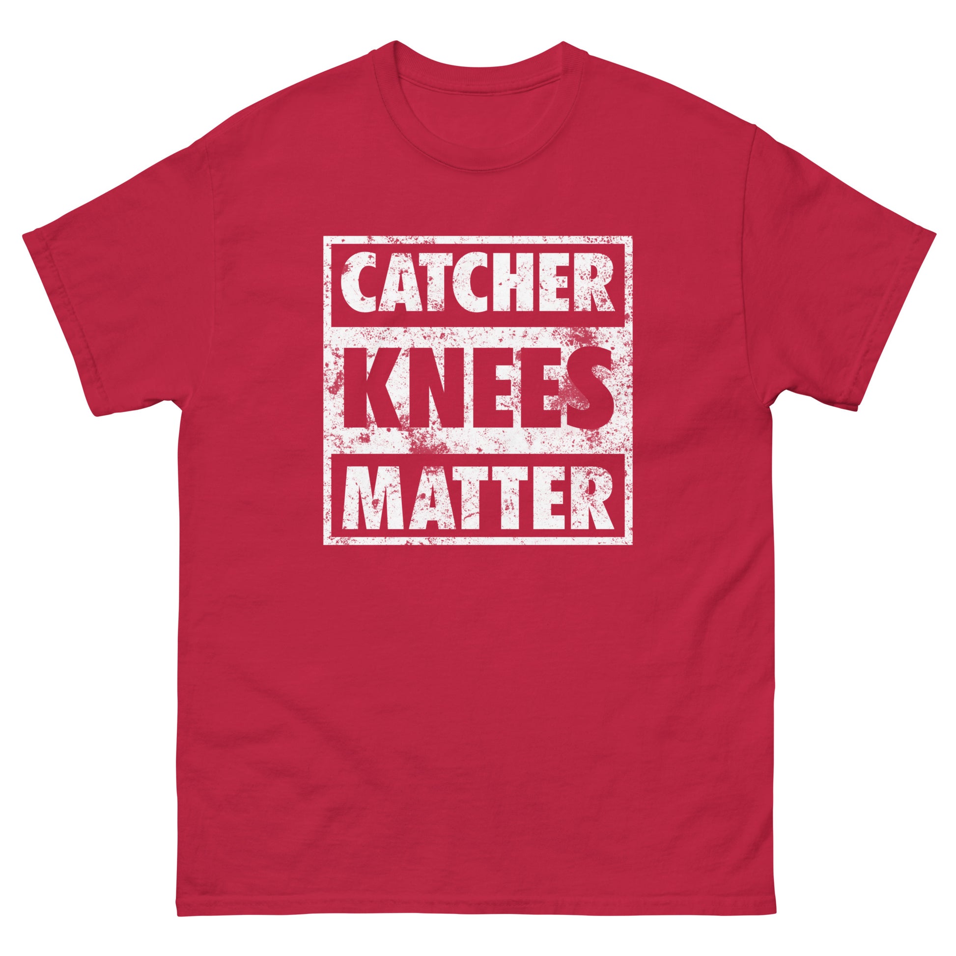 A front view of the red Catcher Knees Matter baseball graphic t shirt.