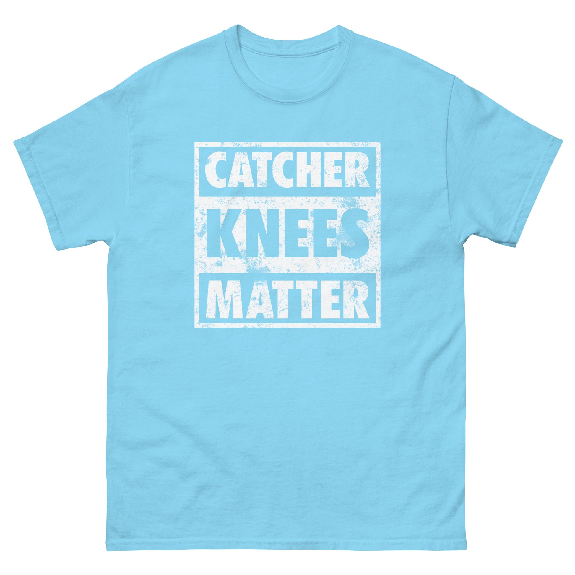 A front view of the sky blue Catcher Knees Matter baseball graphic t shirt.