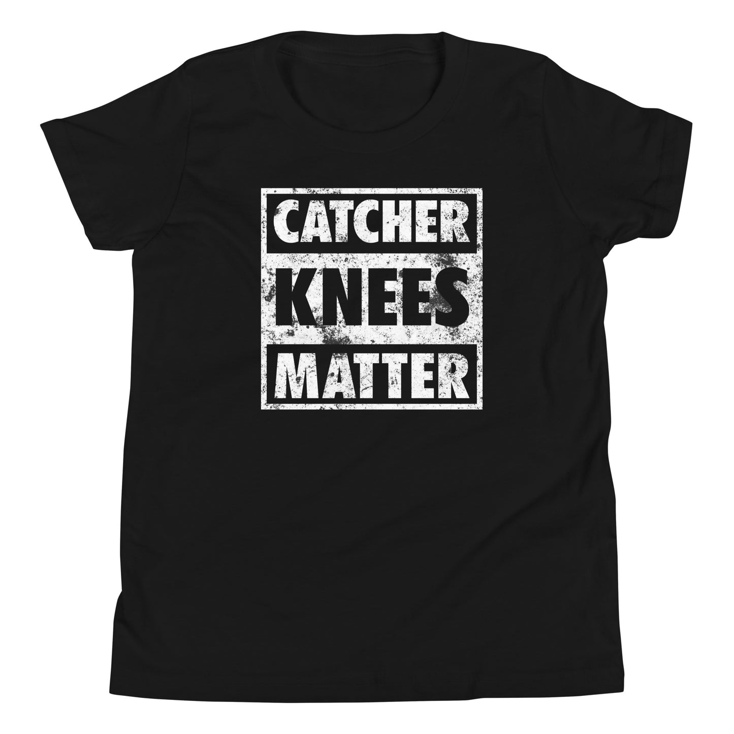 A front view of the Catcher Knees Matter baseball graphic t shirt in black.