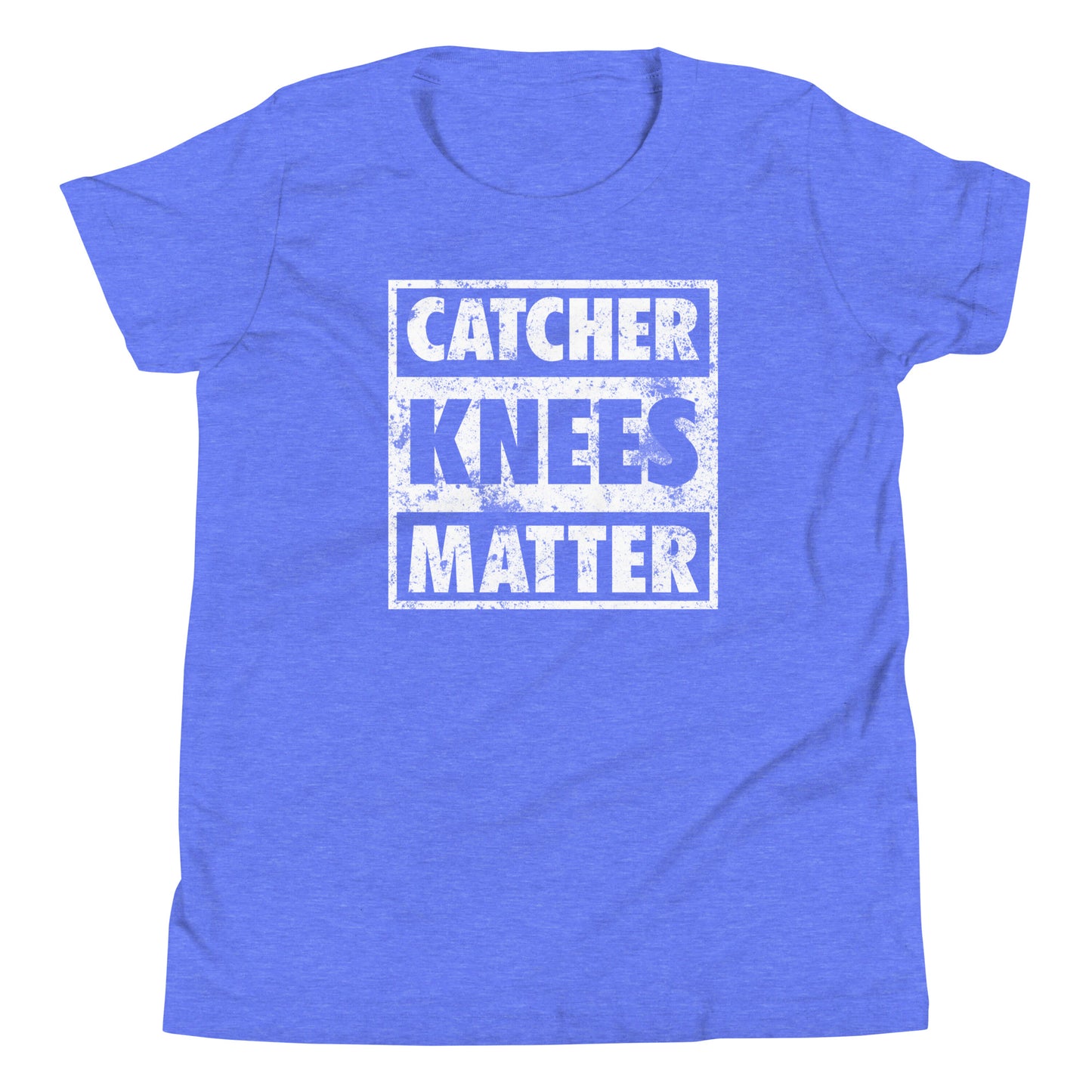 A front view of the Catcher Knees Matter baseball graphic t shirt in columbia blue.