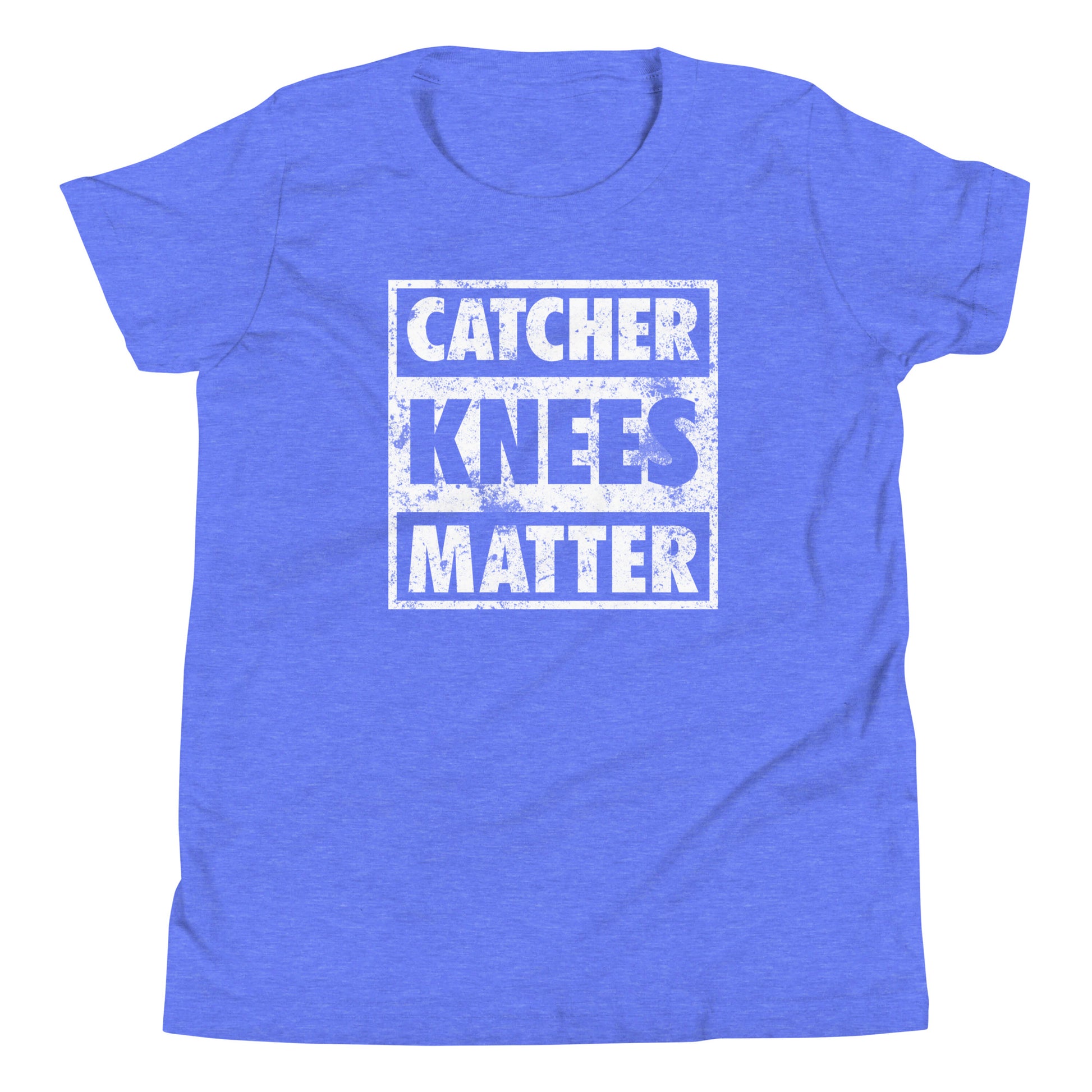 A front view of the Catcher Knees Matter baseball graphic t shirt in columbia blue.