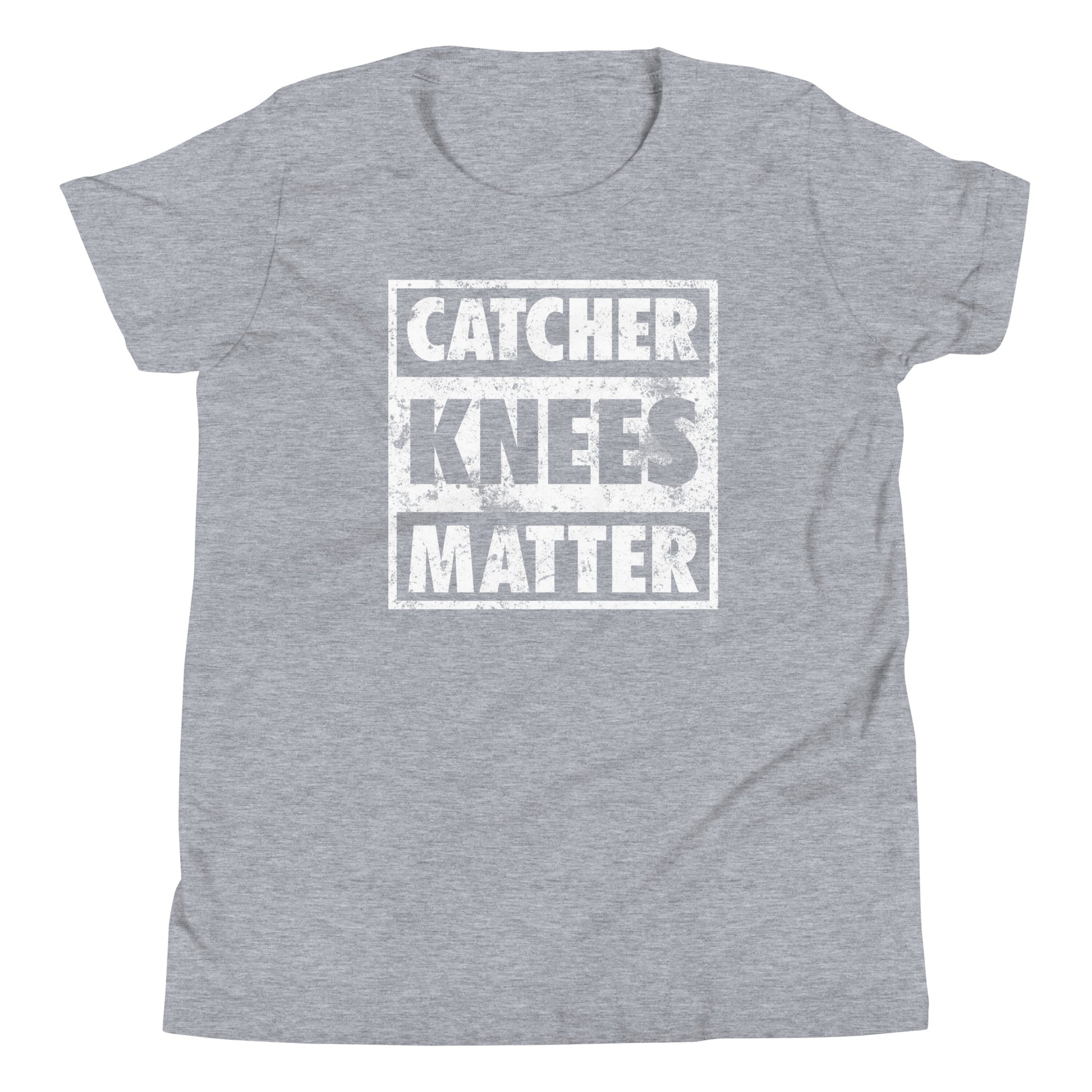 A front view of the Catcher Knees Matter baseball graphic t shirt in gray.