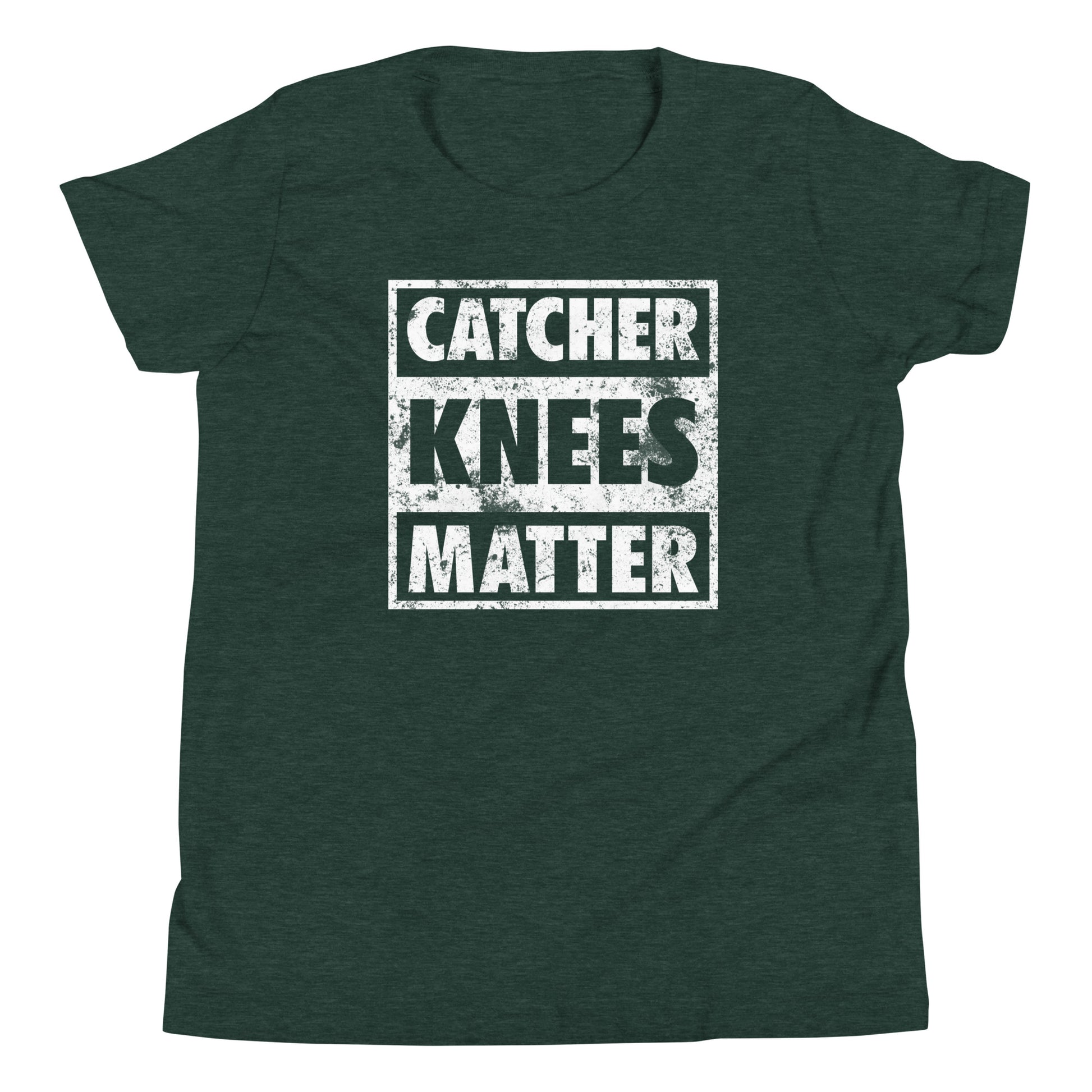 A front view of the Catcher Knees Matter baseball graphic t shirt in green.