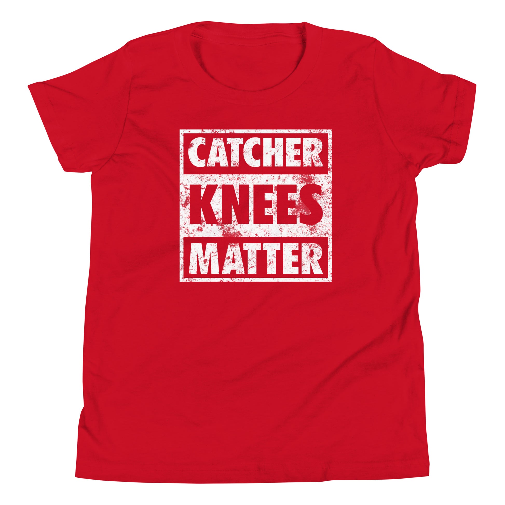 A front view of the Catcher Knees Matter baseball graphic t shirt in red.