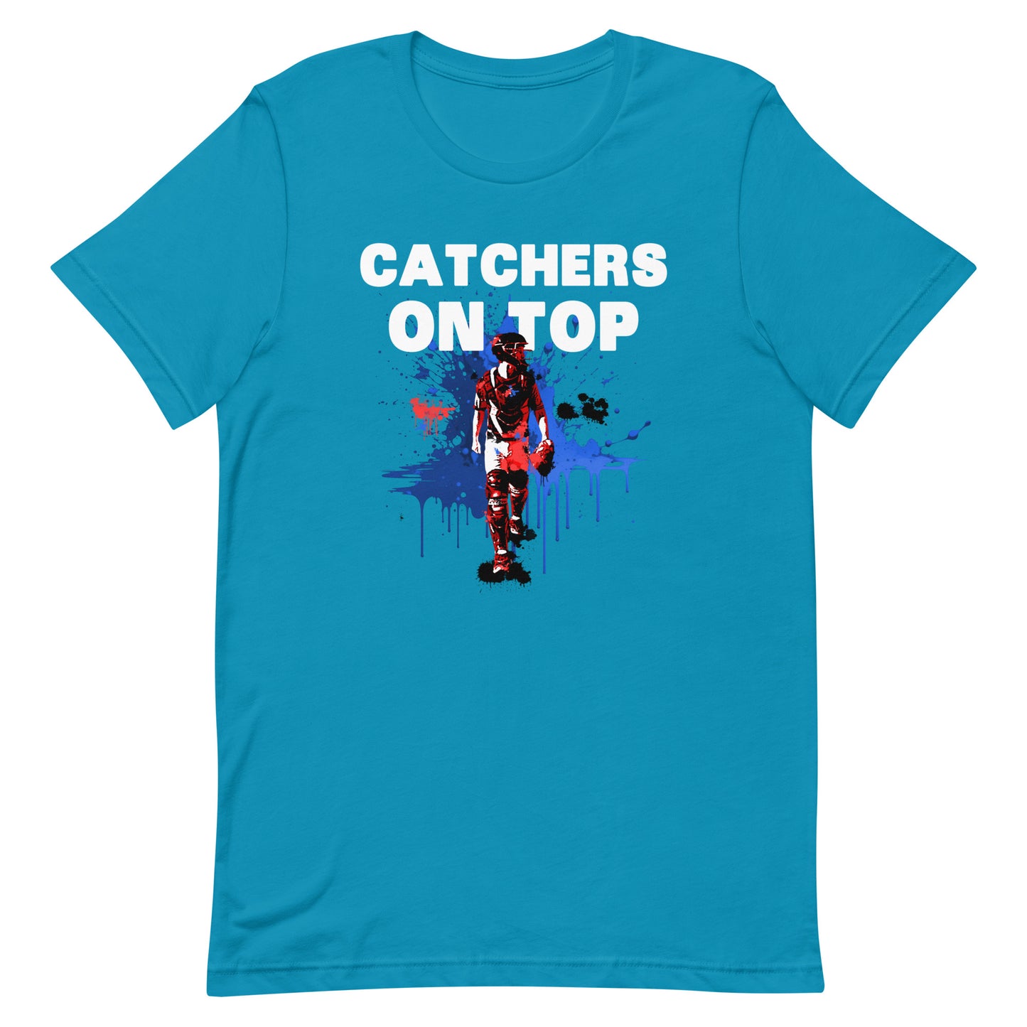 Catcher on Top graphic baseball design on a aqua t shirt.