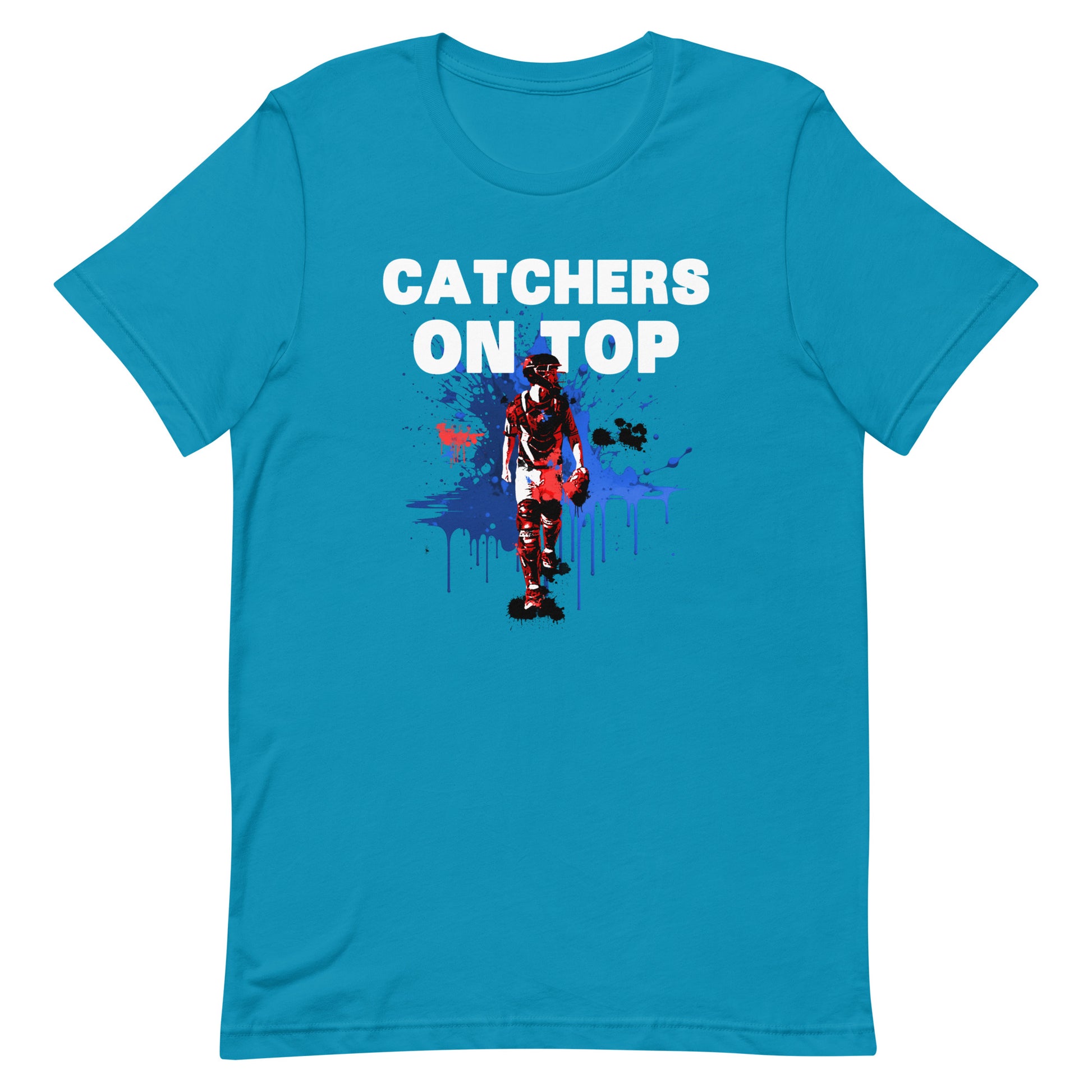 Catcher on Top graphic baseball design on a aqua t shirt.