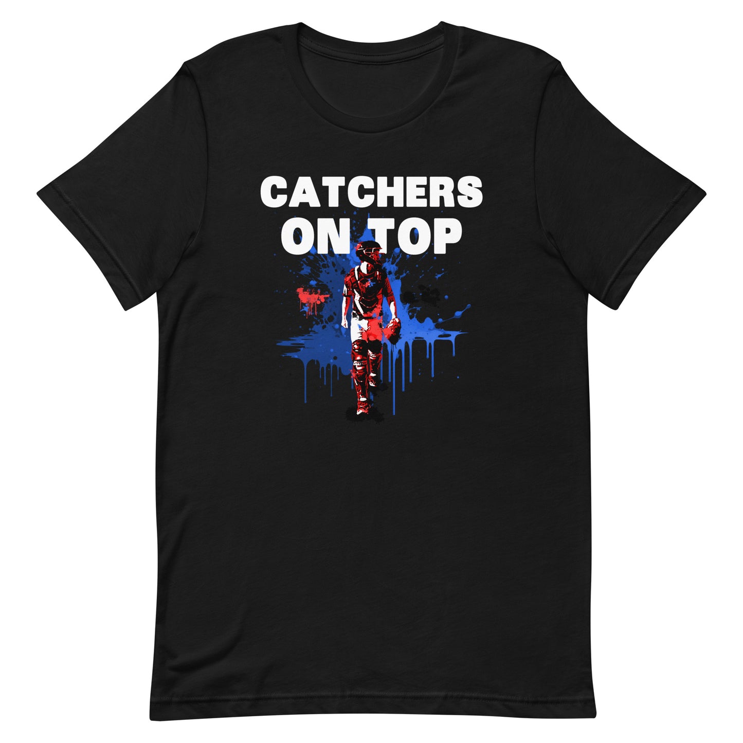 Catcher on Top graphic baseball design on a black t shirt.