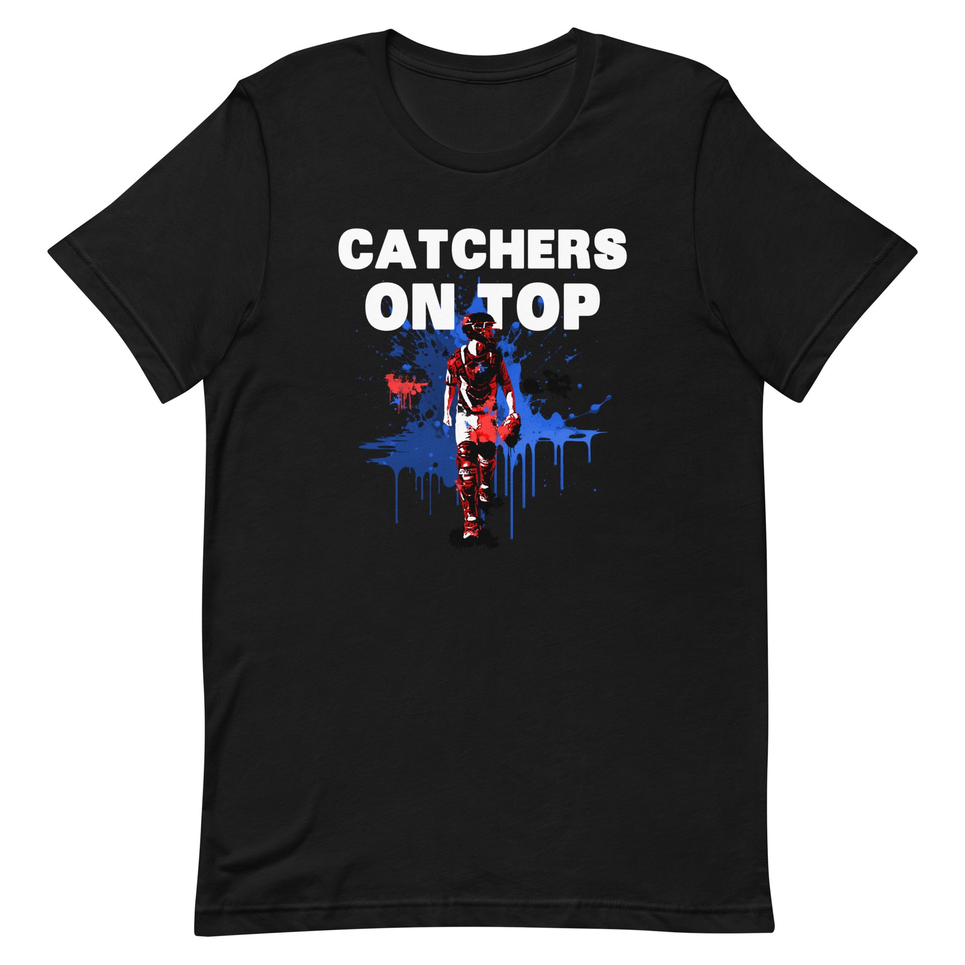 Catcher on Top graphic baseball design on a black t shirt.