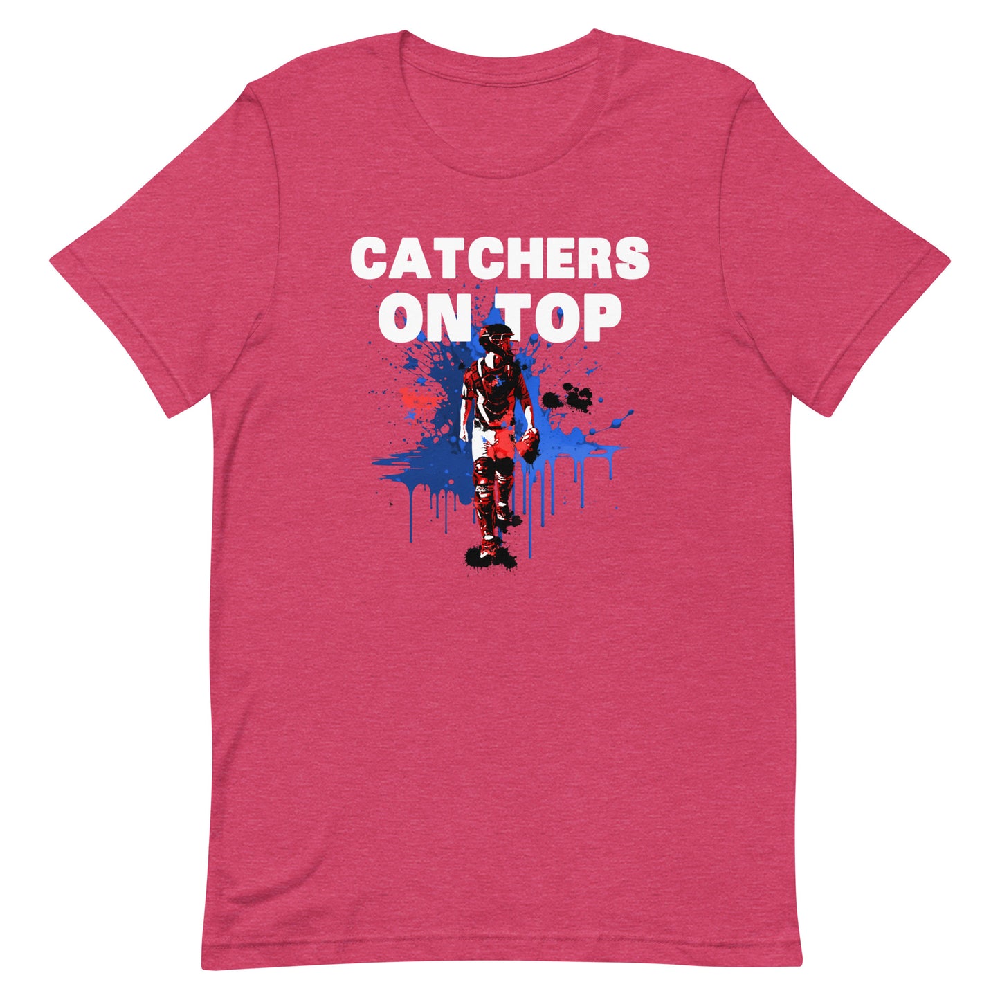 Catcher on Top graphic baseball design on a red t shirt.