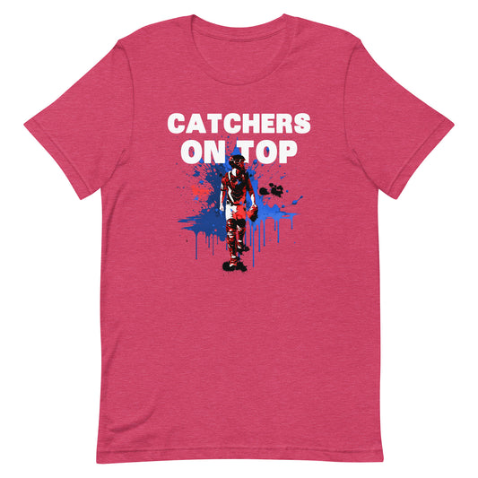 Catcher on Top graphic baseball design on a red t shirt.