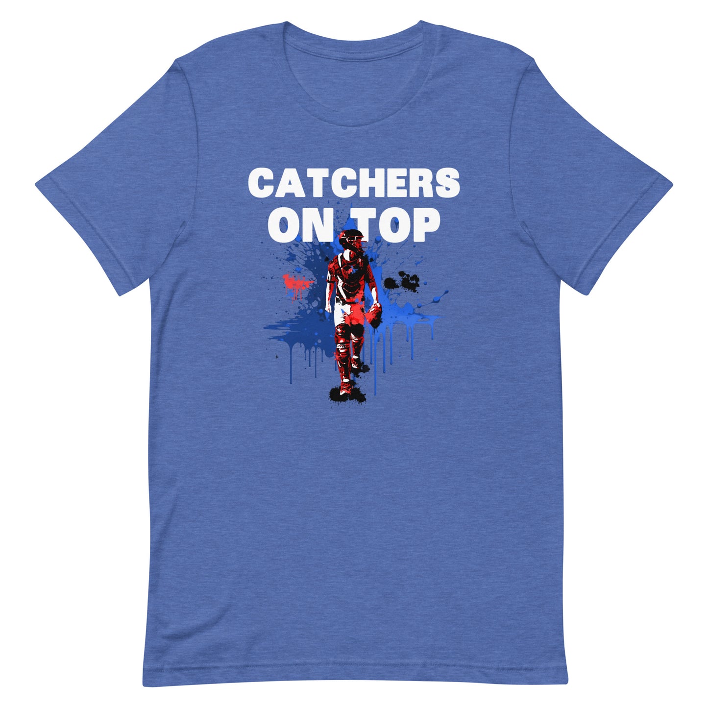 Catcher on Top graphic baseball design on a royal blue t shirt.