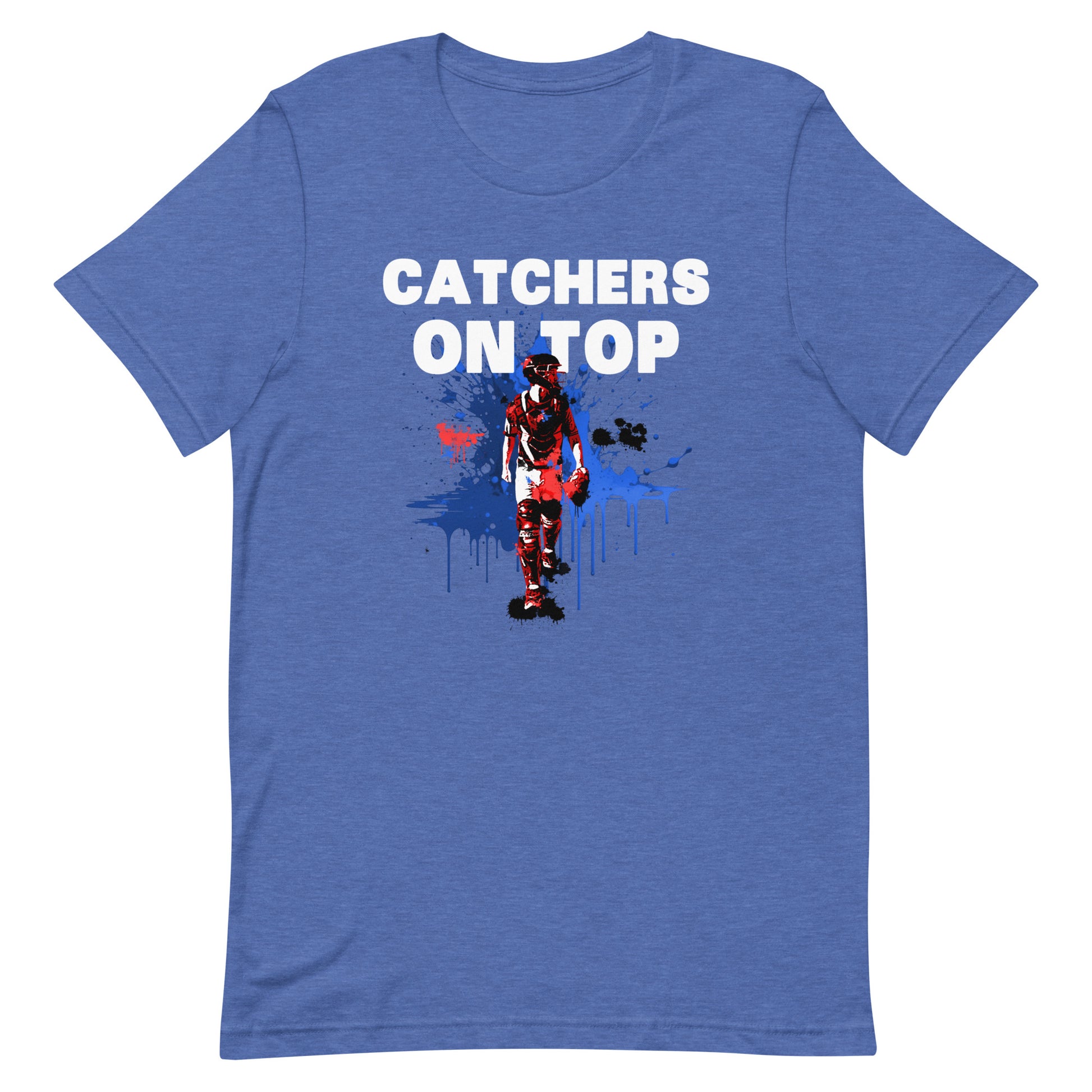 Catcher on Top graphic baseball design on a royal blue t shirt.