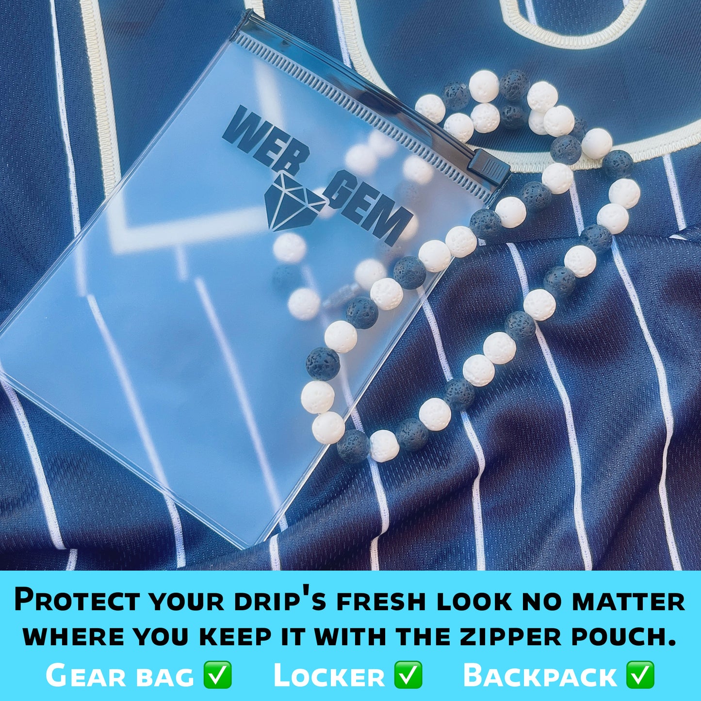 Cookies n Cream inside the reusable zipper bag with Web Gem Apparel logo for storing game-day drip.