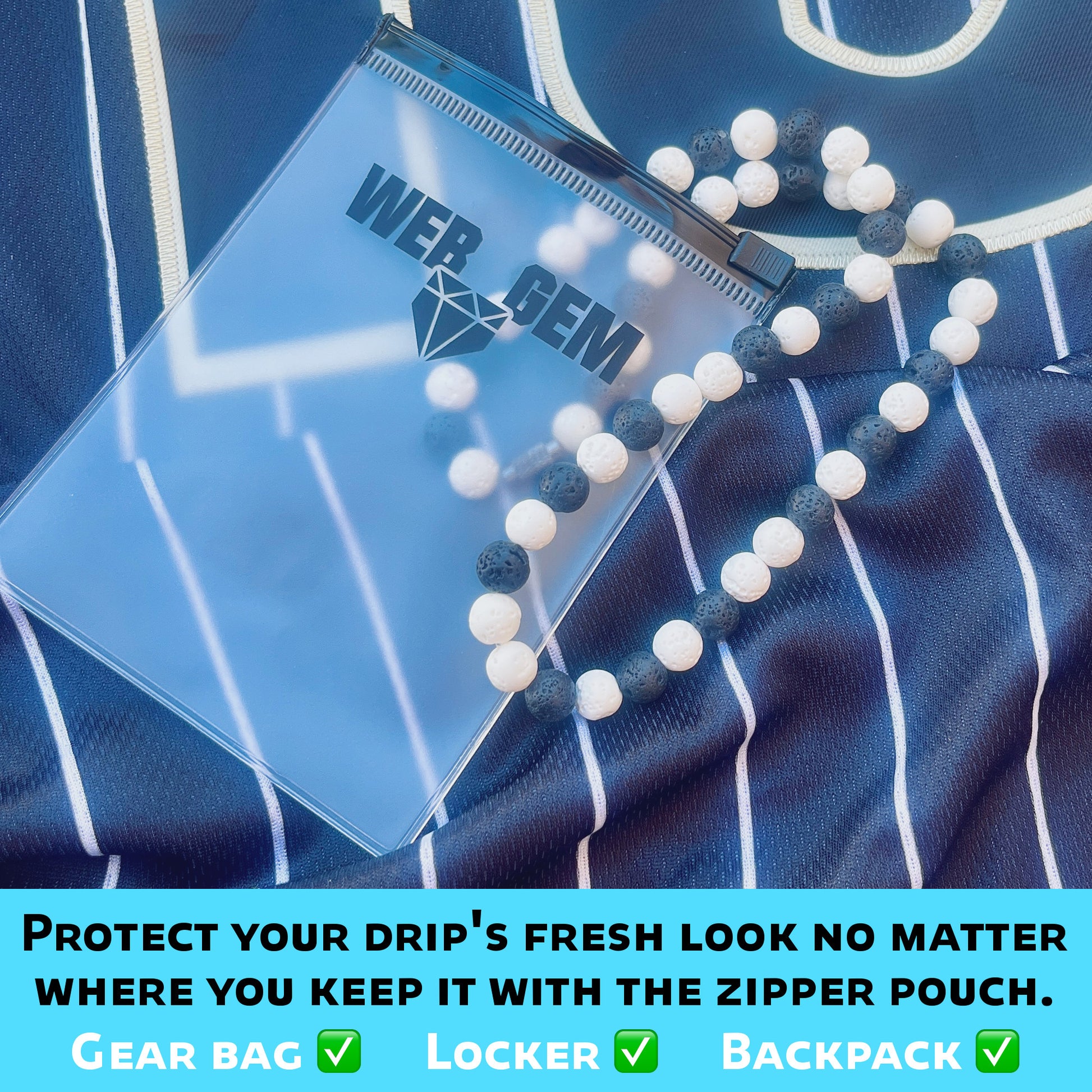 Cookies n Cream inside the reusable zipper bag with Web Gem Apparel logo for storing game-day drip.