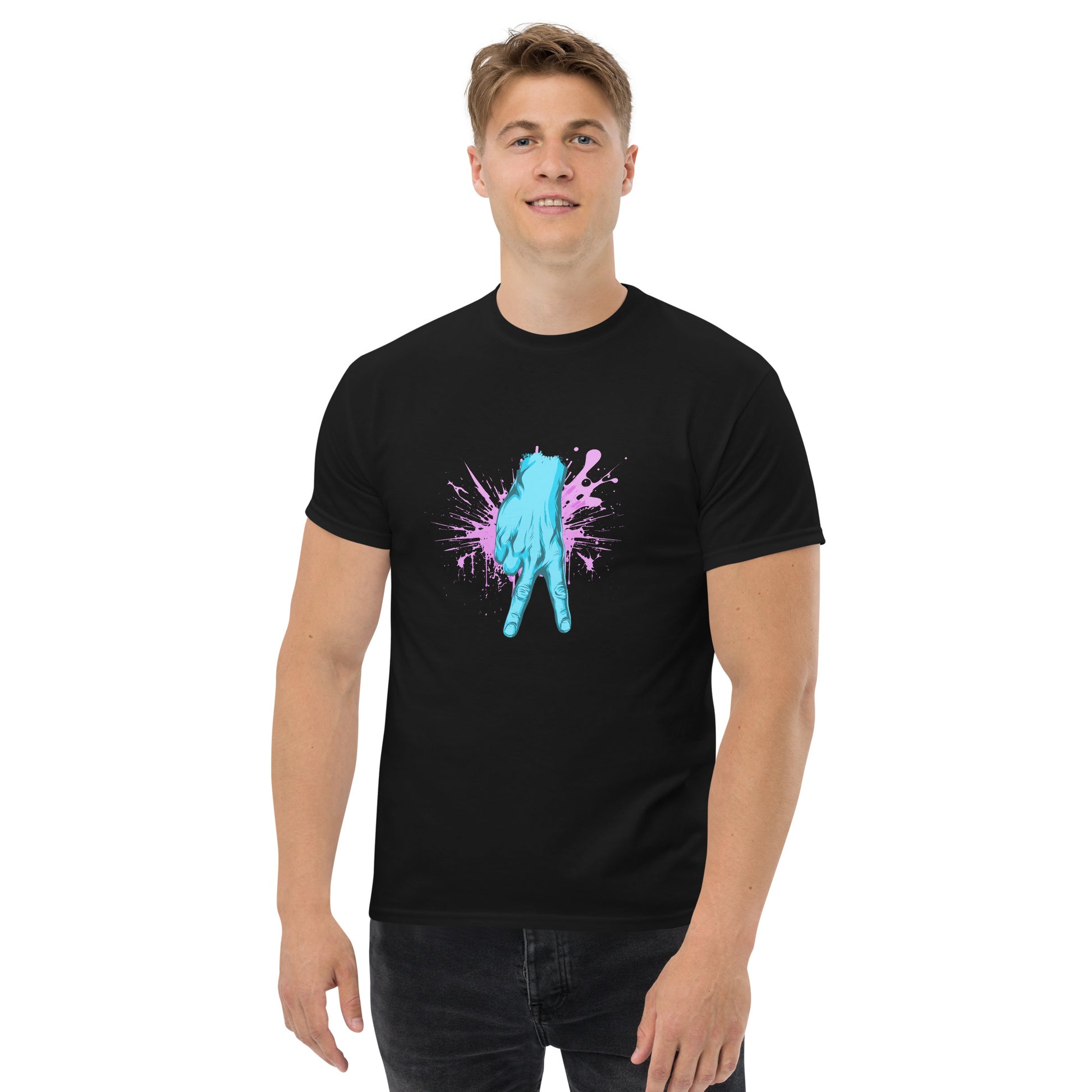 A black shirt featuring a stylized cyan and pink graphic of a catcher's hand signing for one of baseball's most feared pitches, the curveball.