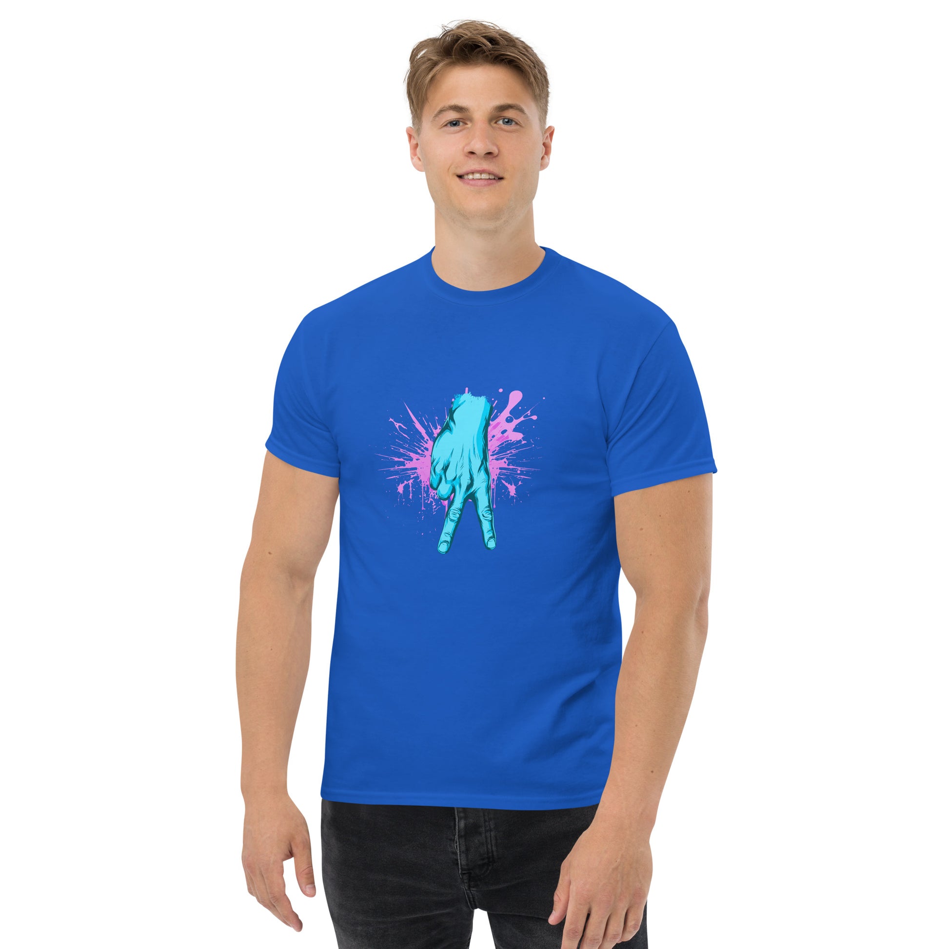 A blue shirt featuring a stylized cyan and pink graphic of a catcher's hand signing for one of baseball's most feared pitches, the curveball.