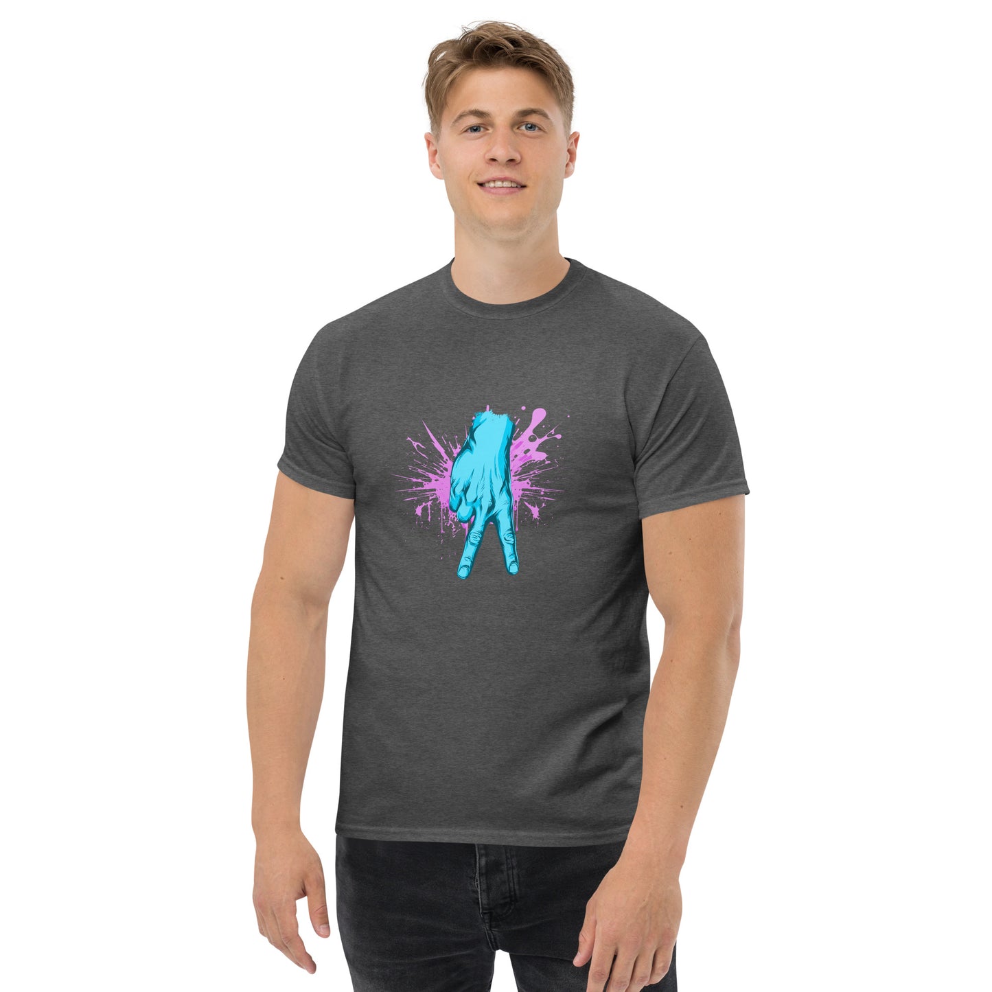 A dark heather shirt featuring a stylized cyan and pink graphic of a catcher's hand signing for one of baseball's most feared pitches, the curveball.